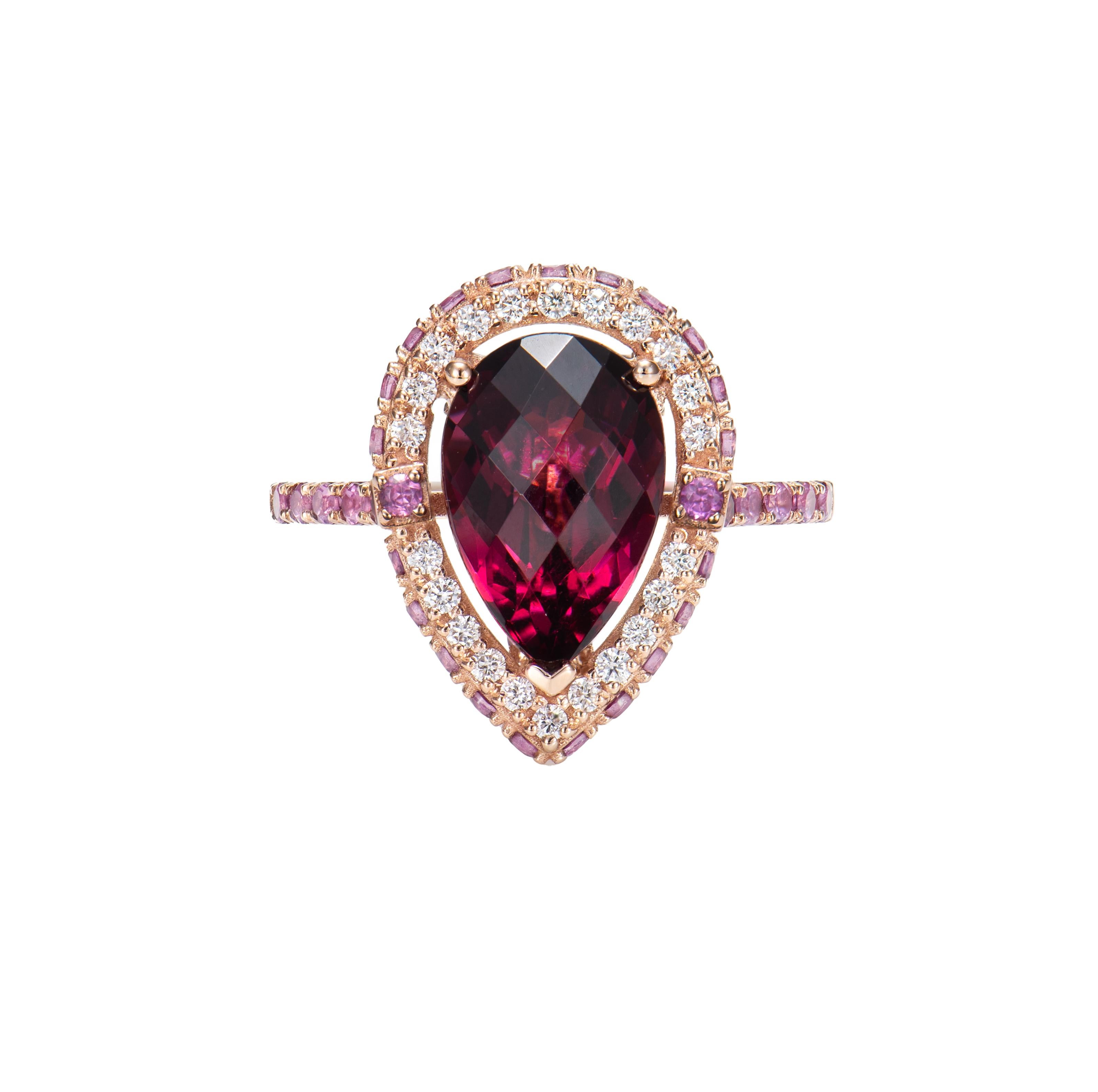 Contemporary 4.41 Carat Rhodolite Cocktail Ring in 18 Karat Rose Gold with Diamond For Sale