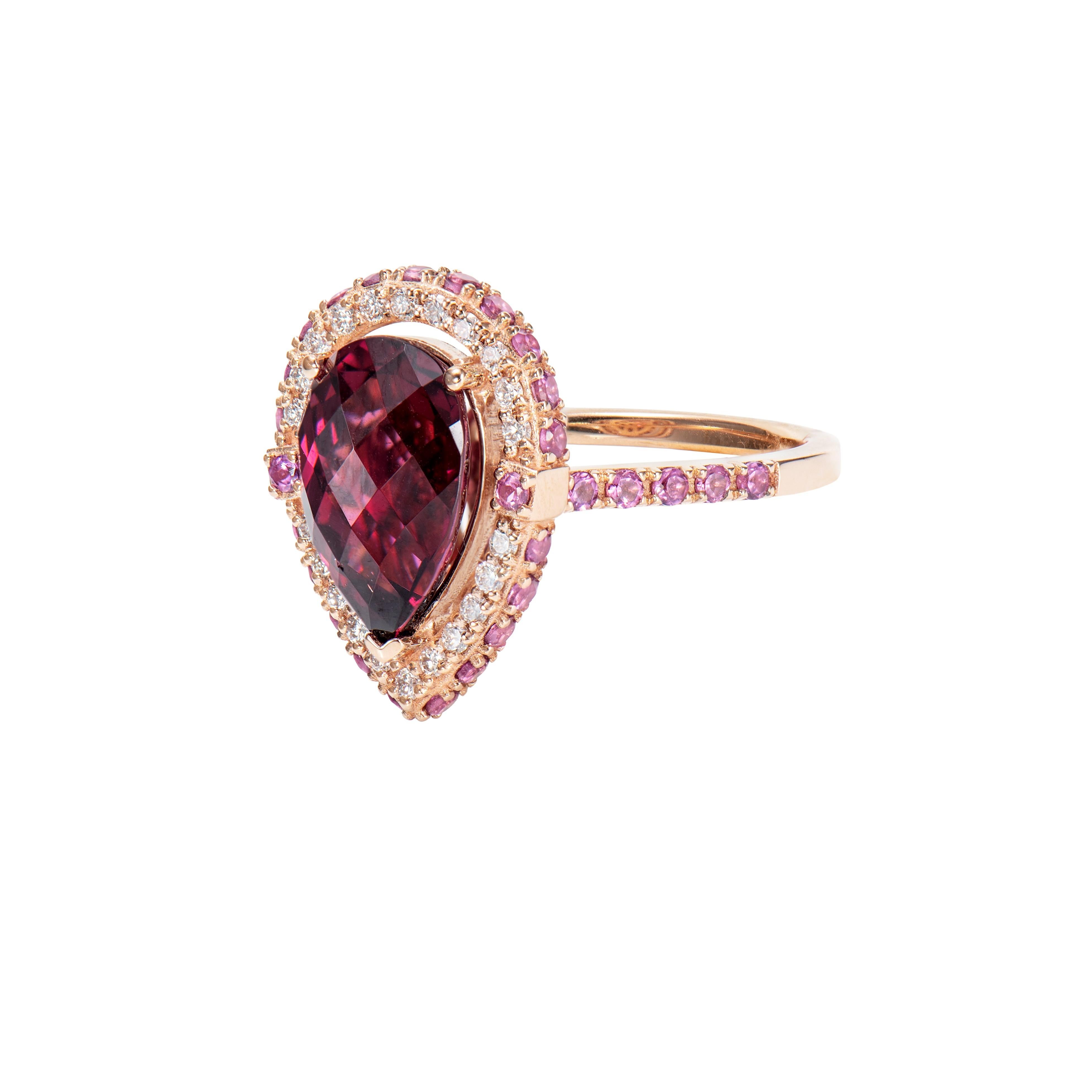 Pear Cut 4.41 Carat Rhodolite Cocktail Ring in 18 Karat Rose Gold with Diamond For Sale