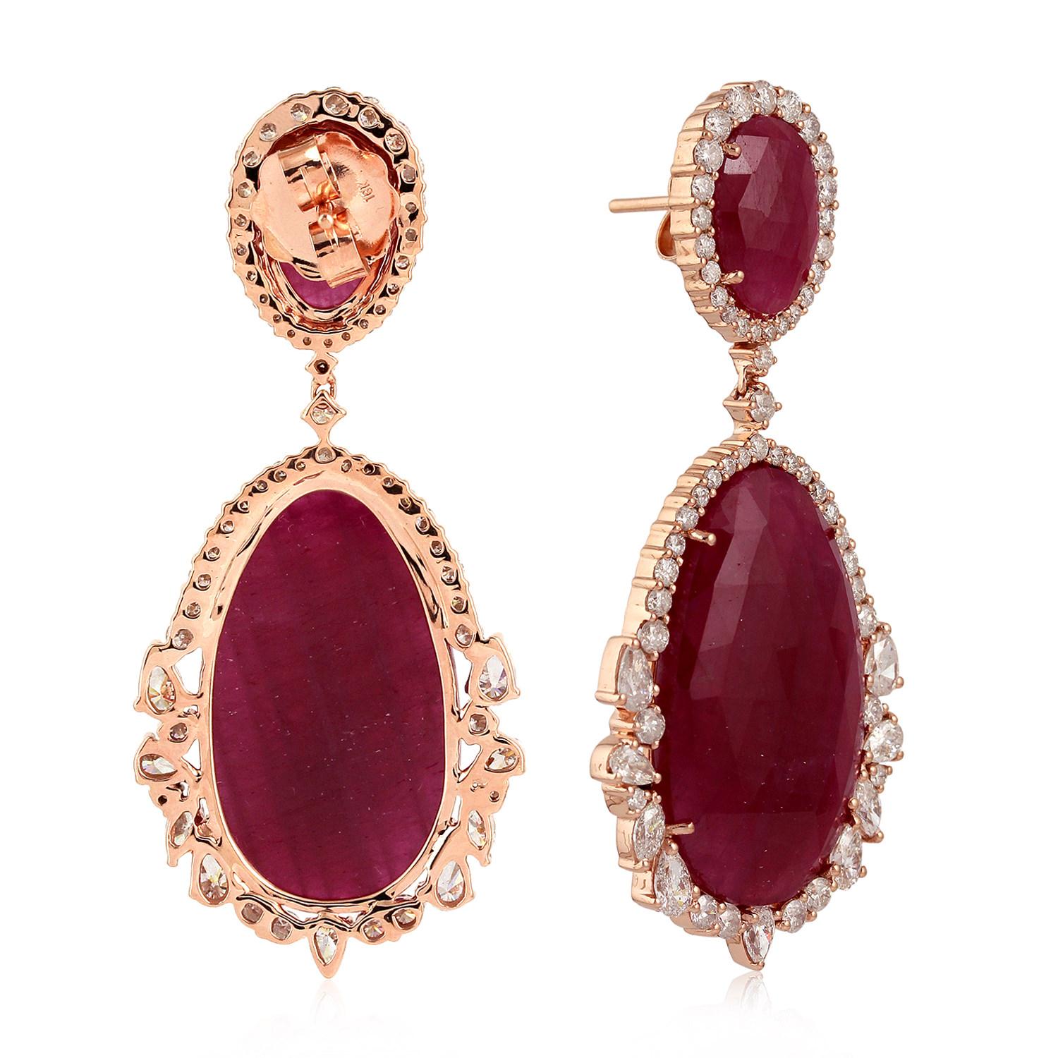 Rose Cut 44.1 Carat Ruby 18 Karat Gold Diamond Earrings For Sale