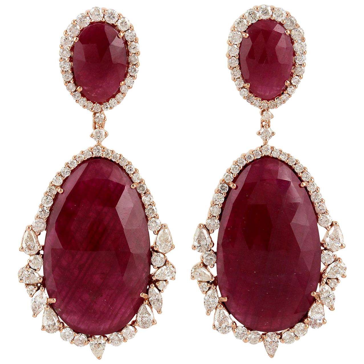 44.1 Carat Ruby 18 Karat Gold Diamond Earrings For Sale