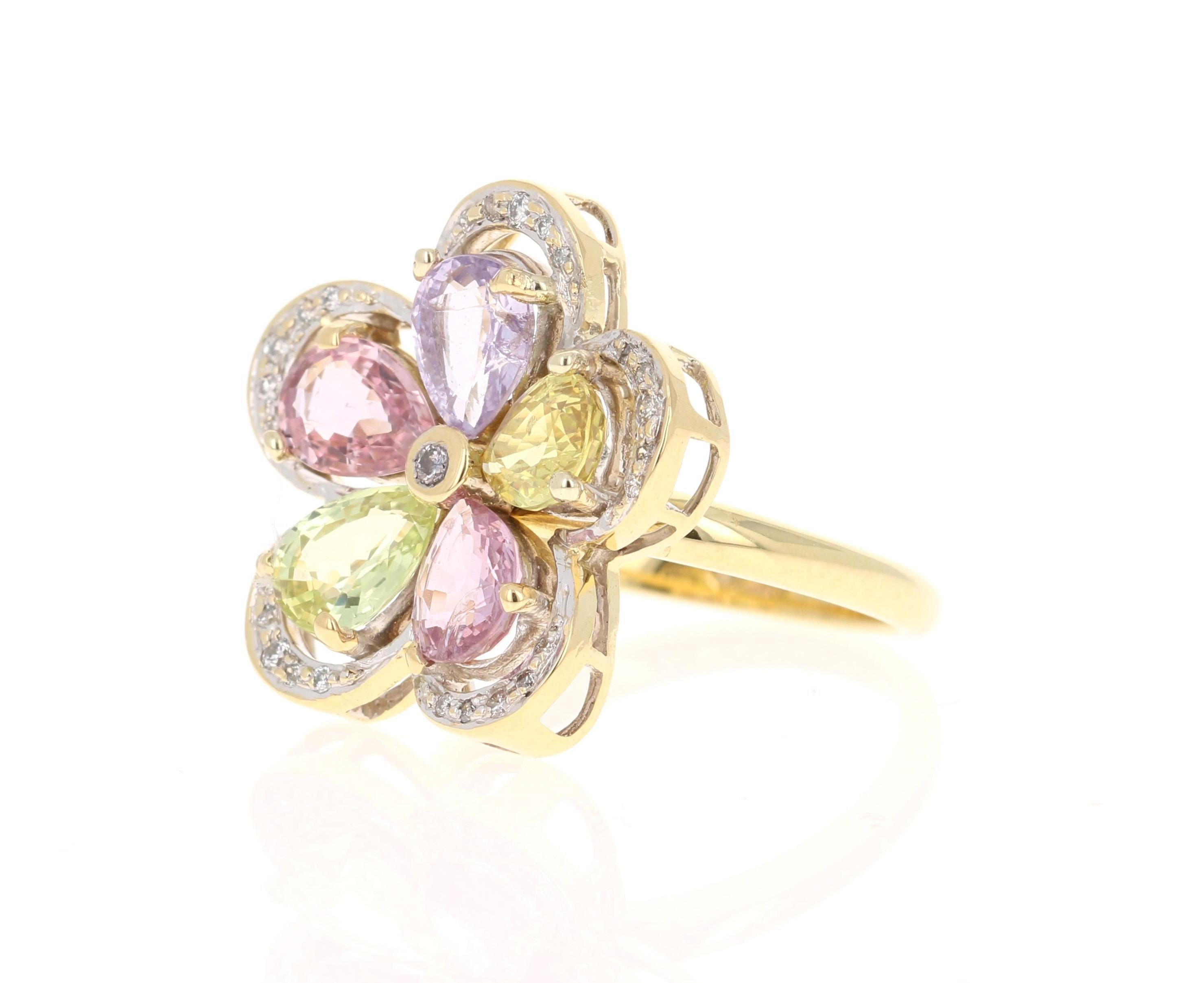 Contemporary 4.41 Carat Sapphire Diamond Flower Yellow Gold Ring For Sale