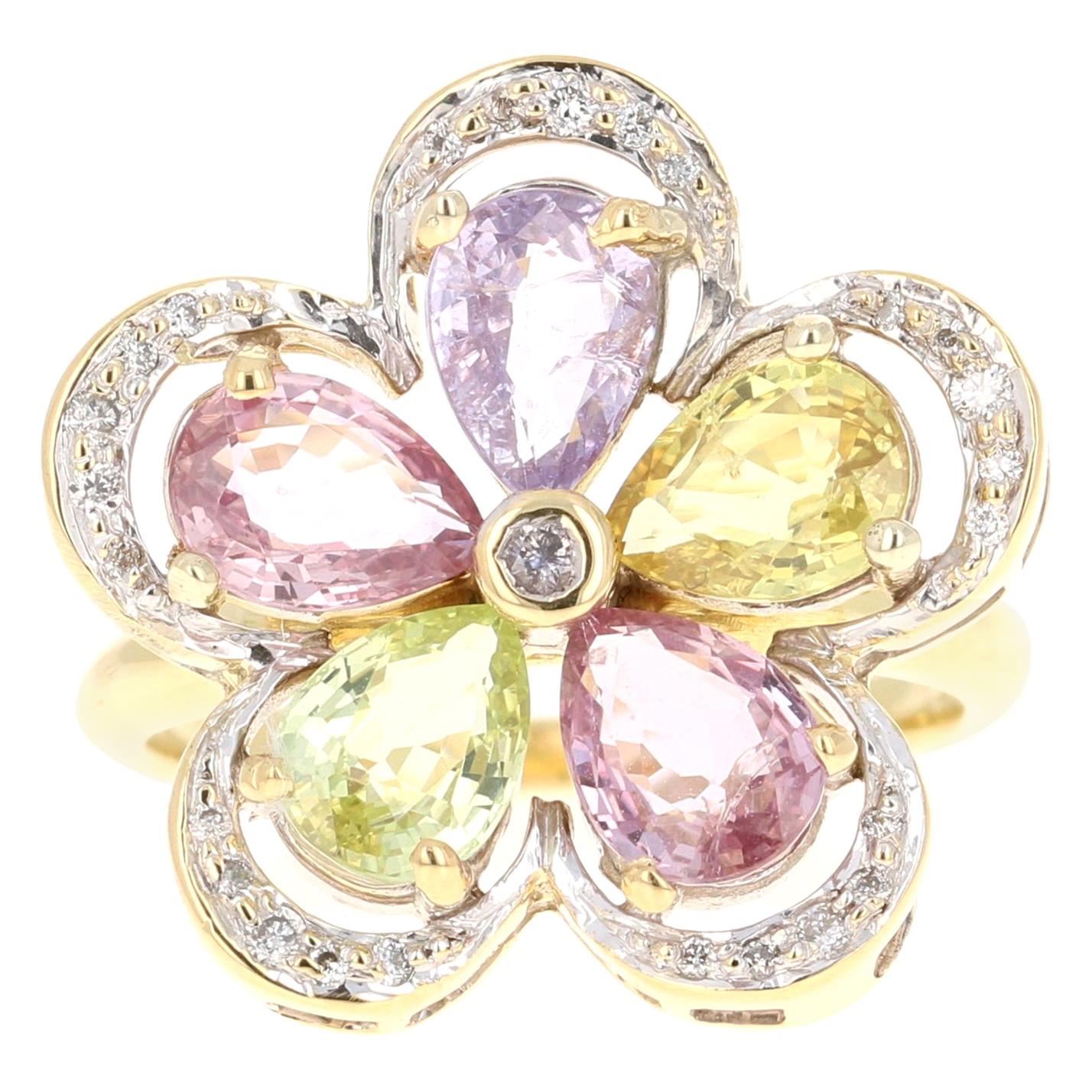 4.41 Carat Sapphire Diamond Flower Yellow Gold Ring For Sale