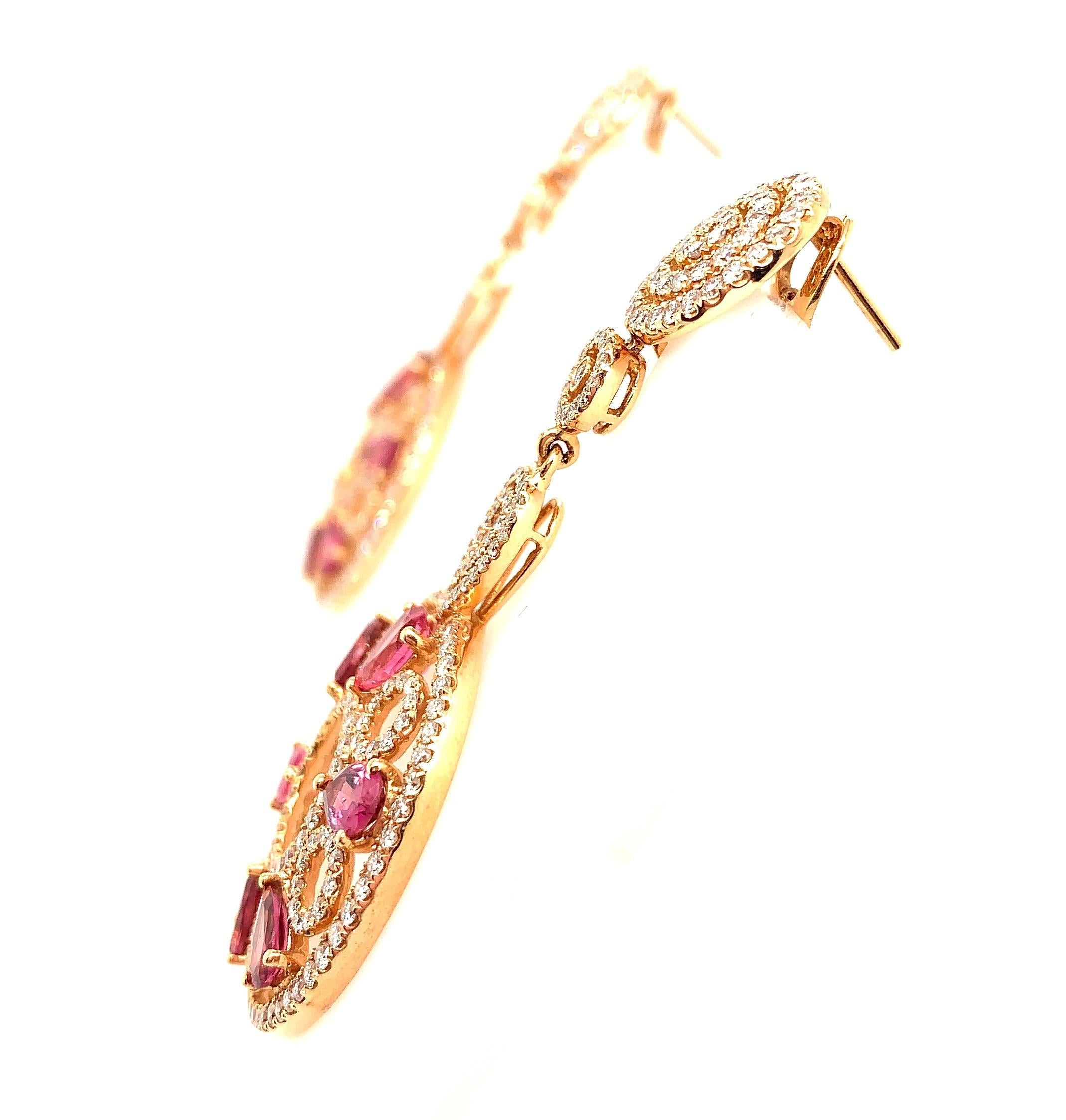 Contemporary 4.41 Carat Pink Tourmaline/ pink/ Designer 18k rose gold Diamond Earring For Sale