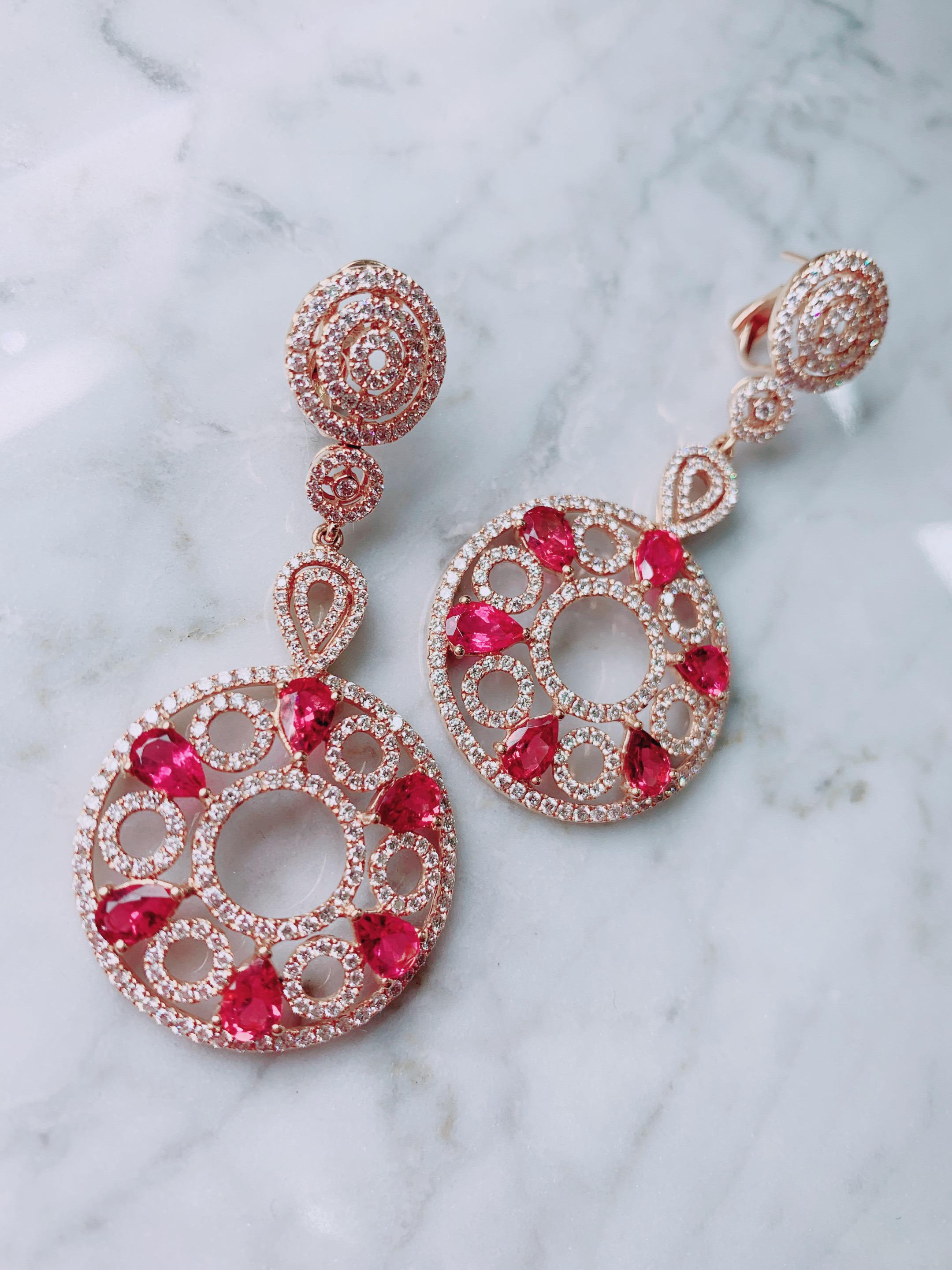 Women's 4.41 Carat Pink Tourmaline/ pink/ Designer 18k rose gold Diamond Earring For Sale