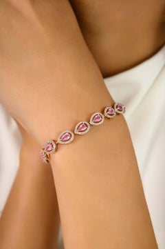 Bracelet de tennis en or rose 14k avec saphirs roses taillés en poire et diamants, 4,41 CTW