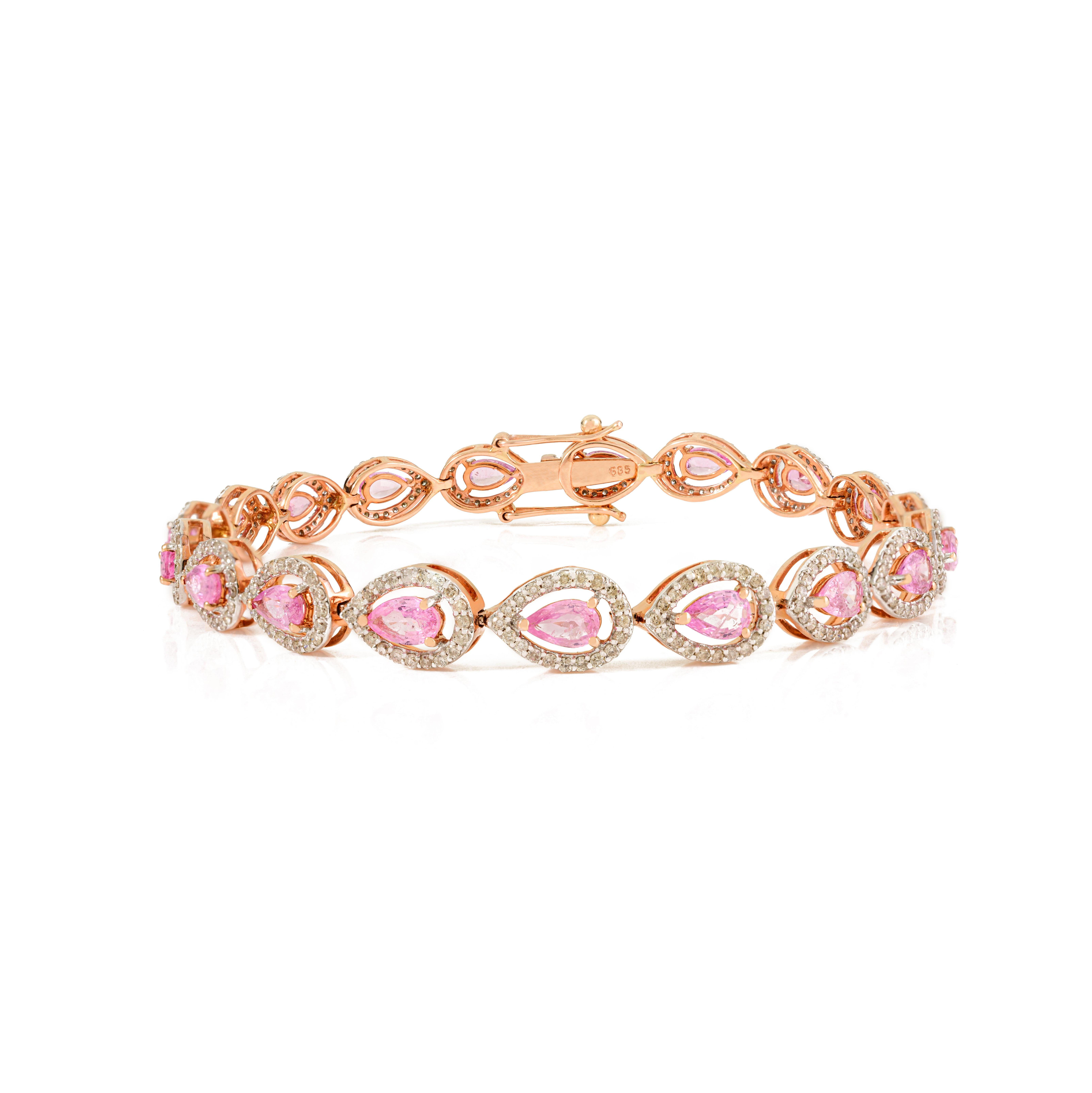 Bracelet de tennis en or rose 14k avec saphirs roses taillés en poire et diamants, 4,41 CTW Neuf - En vente à New York, NY