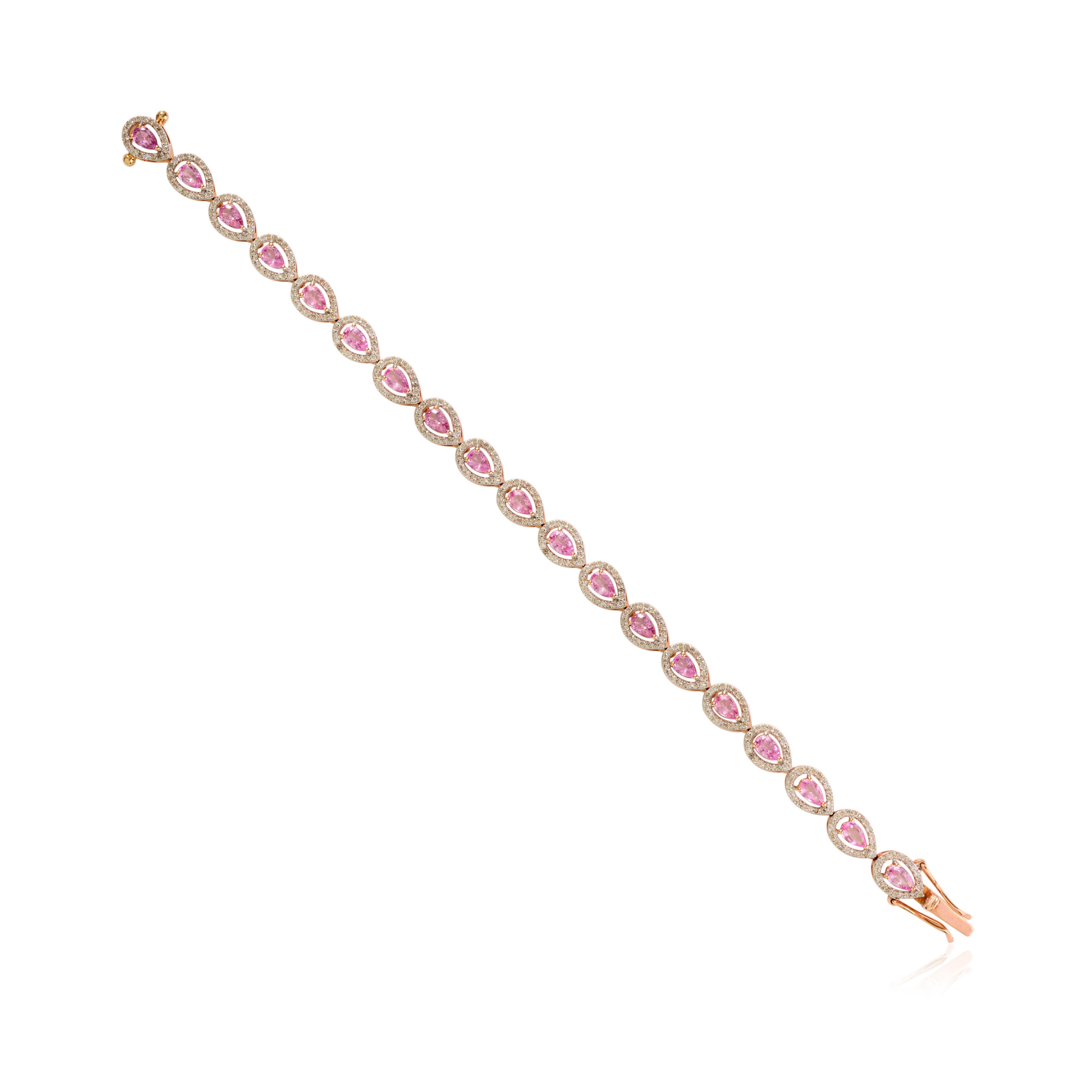 Bracelet de tennis en or rose 14k avec saphirs roses taillés en poire et diamants, 4,41 CTW en vente 1