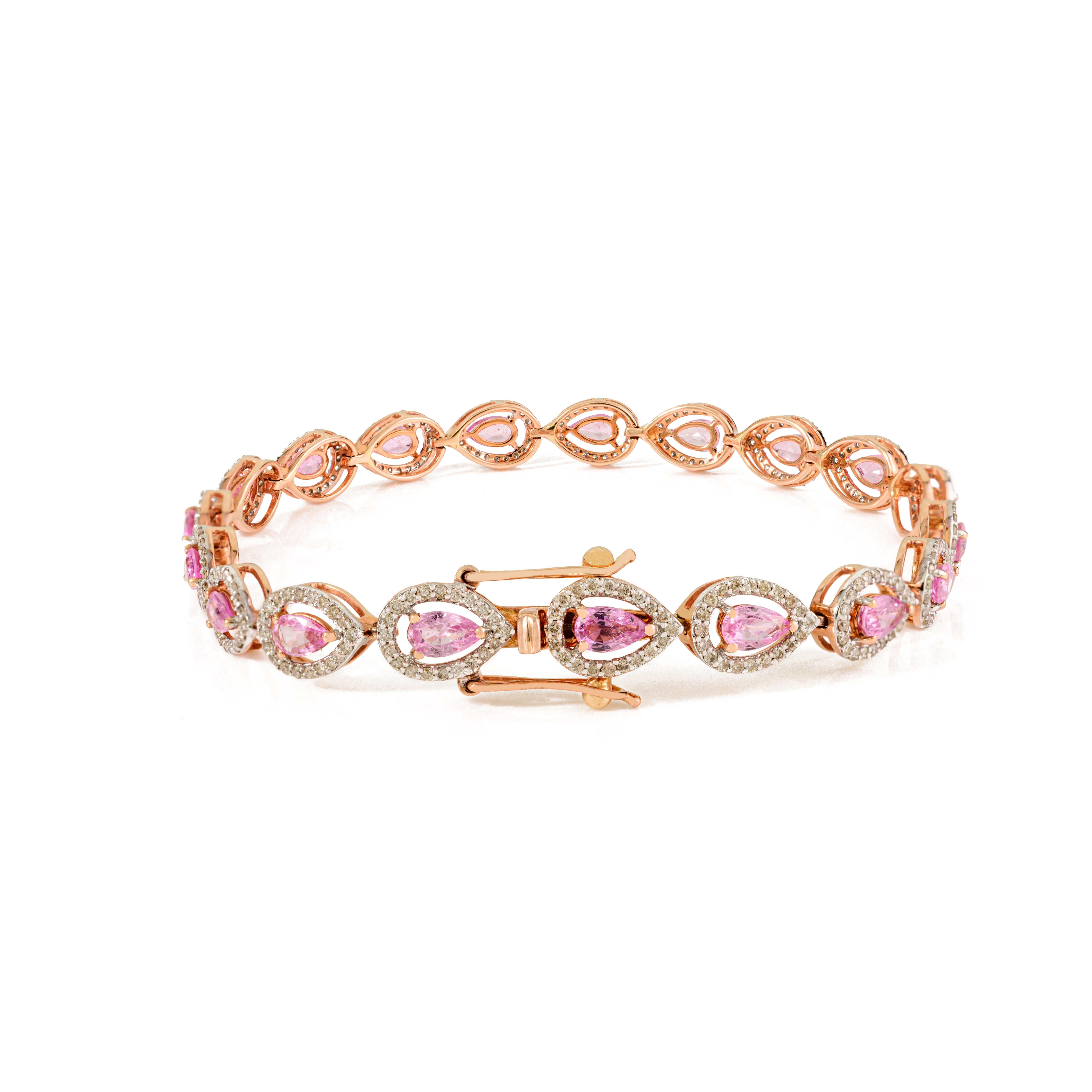 Bracelet de tennis en or rose 14k avec saphirs roses taillés en poire et diamants, 4,41 CTW en vente 3