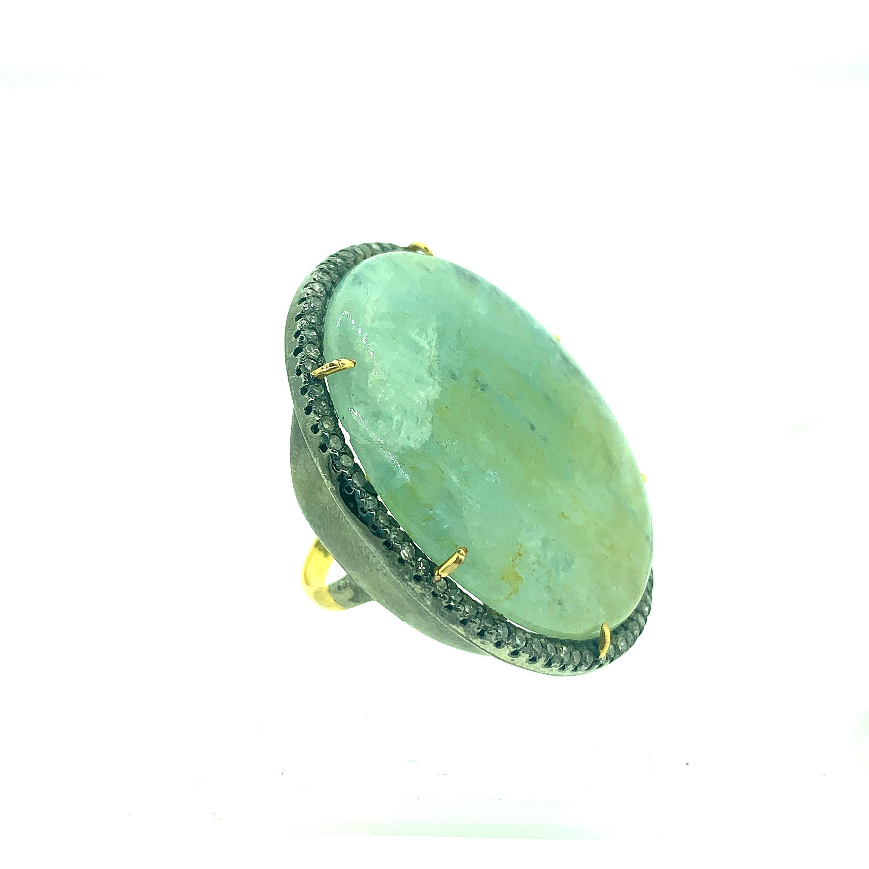 Contemporary 44.10ct Aquamarine, 0.70ct Diamond Ring in Oxidized Sterling Silver and 18K Gold