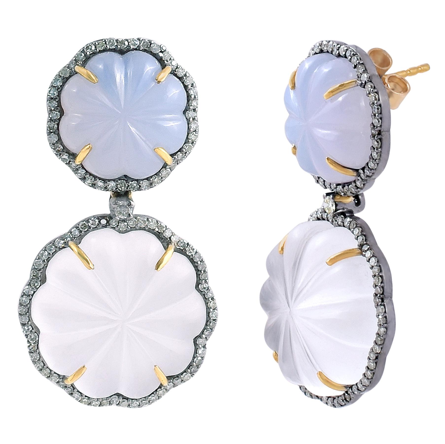 44.11 Carat Blue Chalcedony, Crystal, and Diamond Carved Drop Earrings in Contemporary Victorian Style

This art-deco style timeless crystal and chalcedony with diamond cluster earring is fantastic. The solitaire floral petal carved matt finished