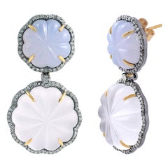 44.11 Carat Blue Chalcedony, Crystal, and Diamond Carved Drop Earrings