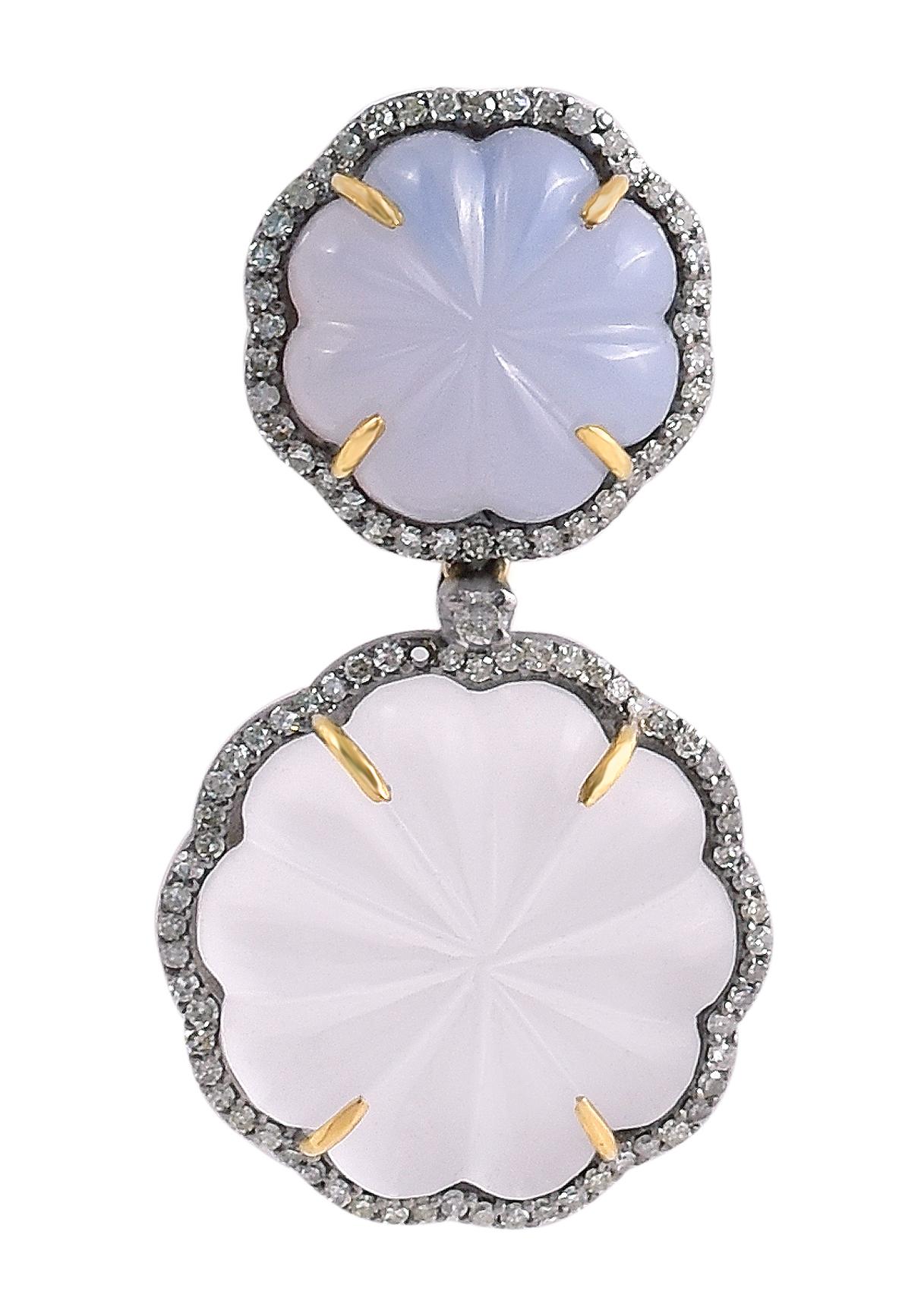 Women's 44.11 Carat Blue Chalcedony, Crystal, and Diamond Carved Drop Earrings