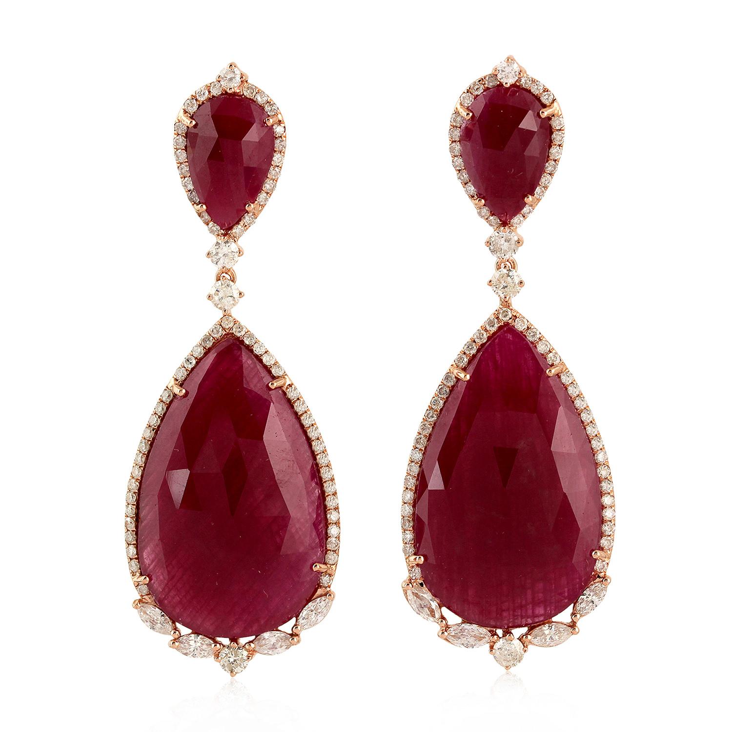 Mixed Cut 44.15 Carat Ruby 18 Karat Gold Diamond Earrings For Sale