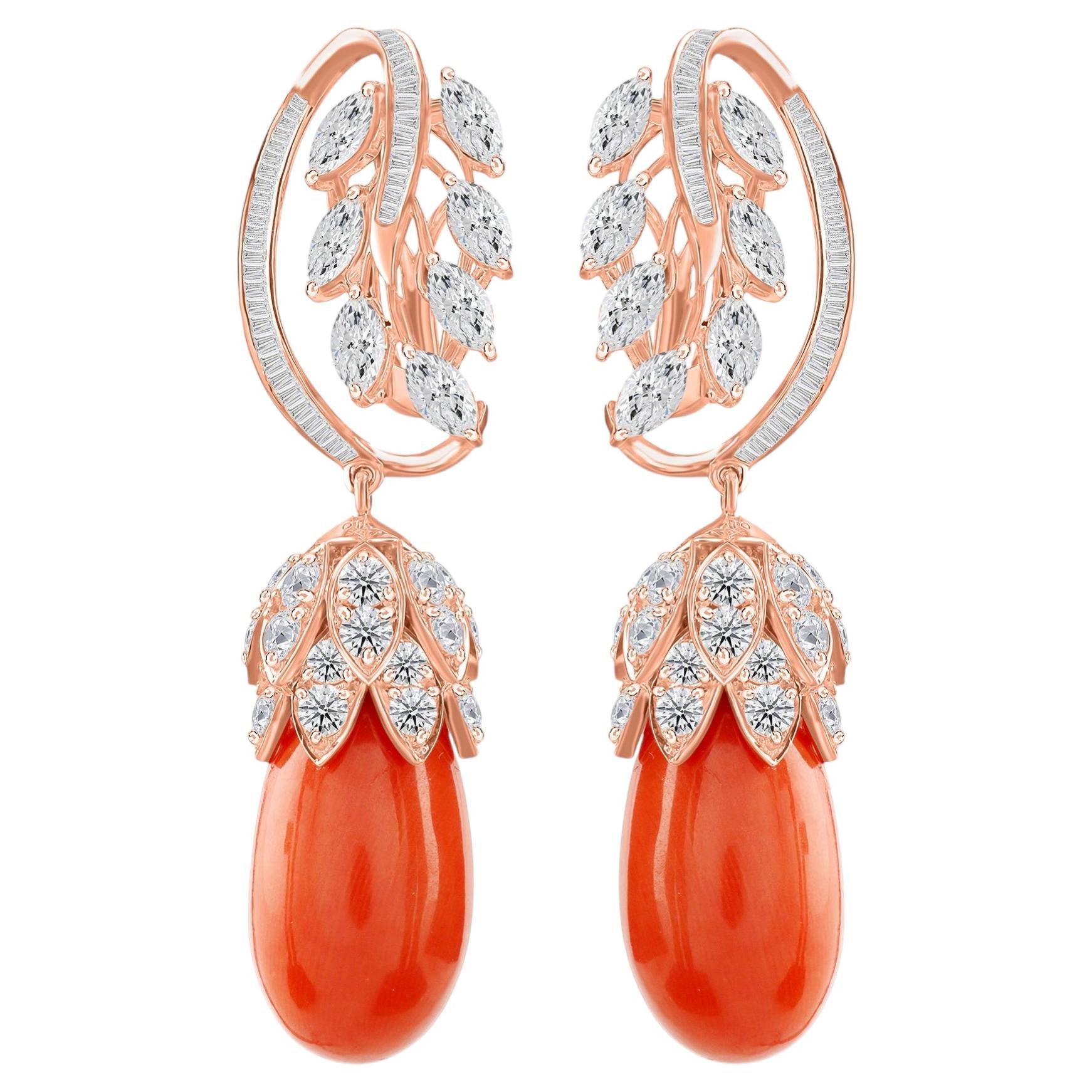 44.16 Carat Coral 7.2 Carat SI/H Diamond Leaf Dangle Earrings 14 Karat Rose Gold For Sale