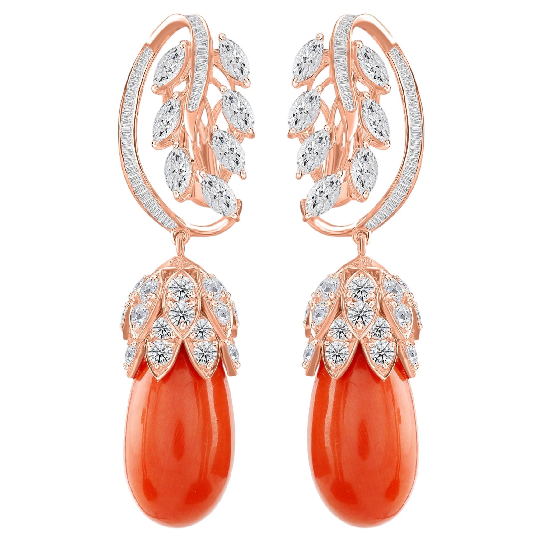Orecchini pendenti a forma di foglia con corallo da 44,16 carati e diamante da 7,2 carati (SI/H), in oro rosa 18 carati