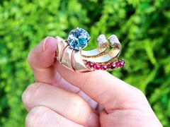 4.42 Carat Aquamarine 1.35 Carat Ruby, 0.22 Carat Diamond 14k Yellow Gold Brooch