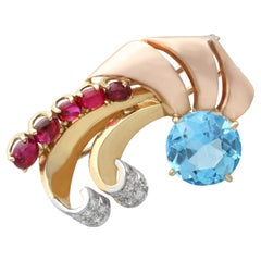4.42 Carat Aquamarine 1.35 Carat Ruby, 0.22 Carat Diamond 14k Yellow Gold Brooch