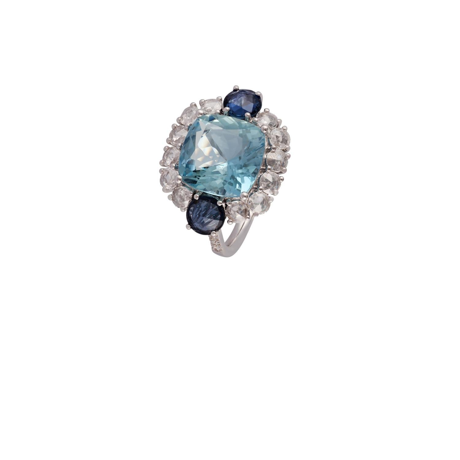 Rose Cut 4.42 Carat Aquamarine, Blue Sapphire & Diamond Ring Studded in 18k White Gold For Sale