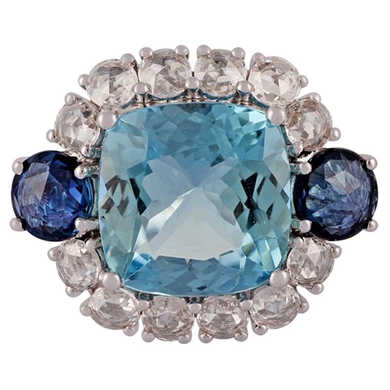 4.42 Carat Aquamarine, Blue Sapphire & Diamond Ring Studded in 18k White Gold For Sale