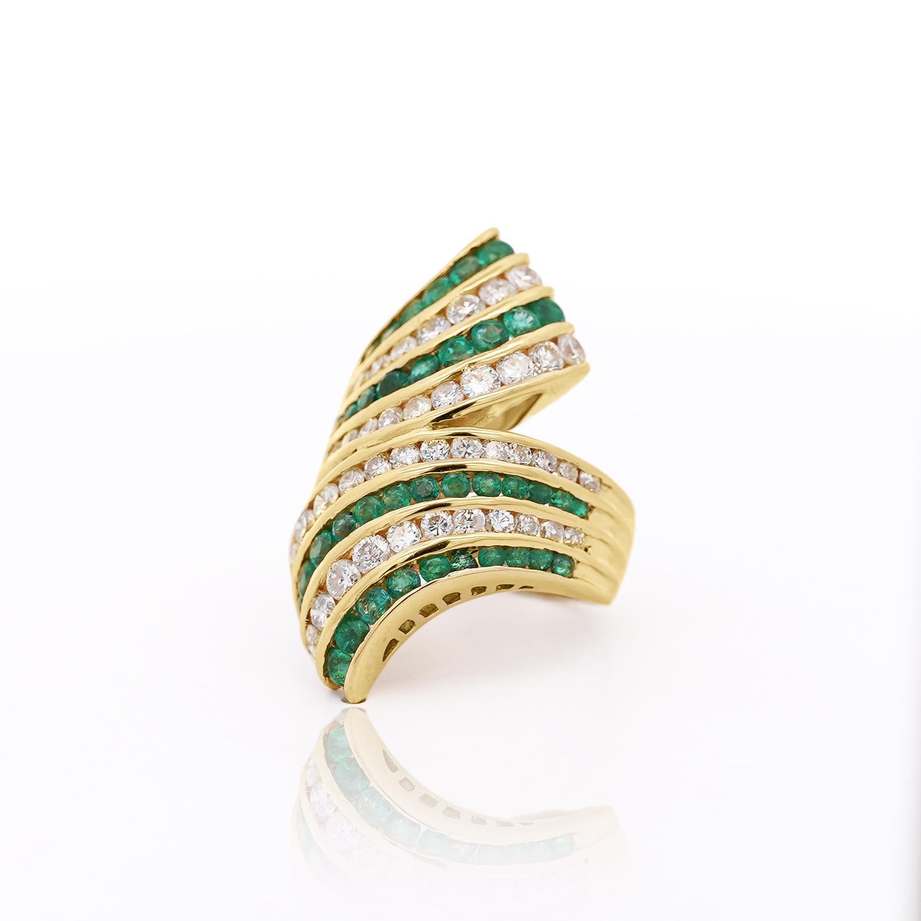 Contemporary 4.42 Carat Emerald & Diamond Pave 18K Gold Bypass Cluster Ring For Sale