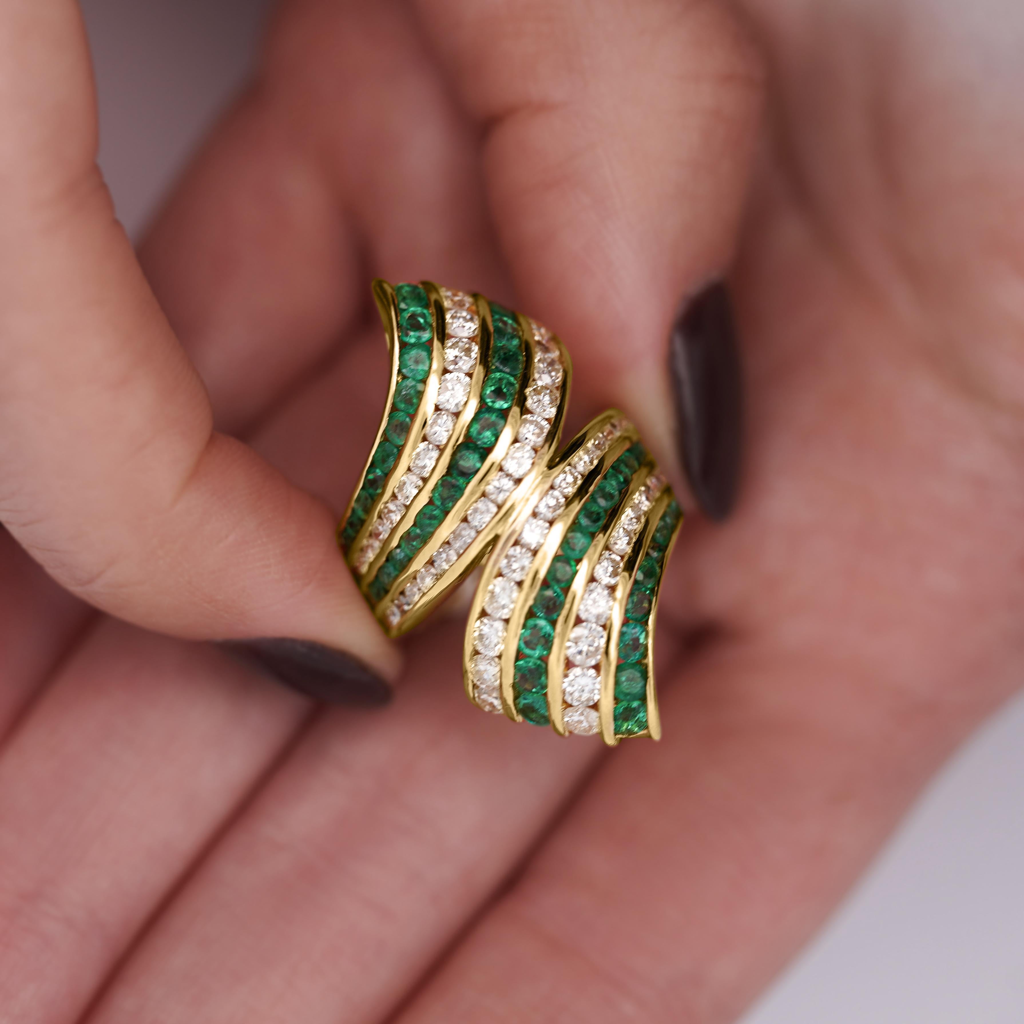 Women's 4.42 Carat Emerald & Diamond Pave 18K Gold Bypass Cluster Ring For Sale