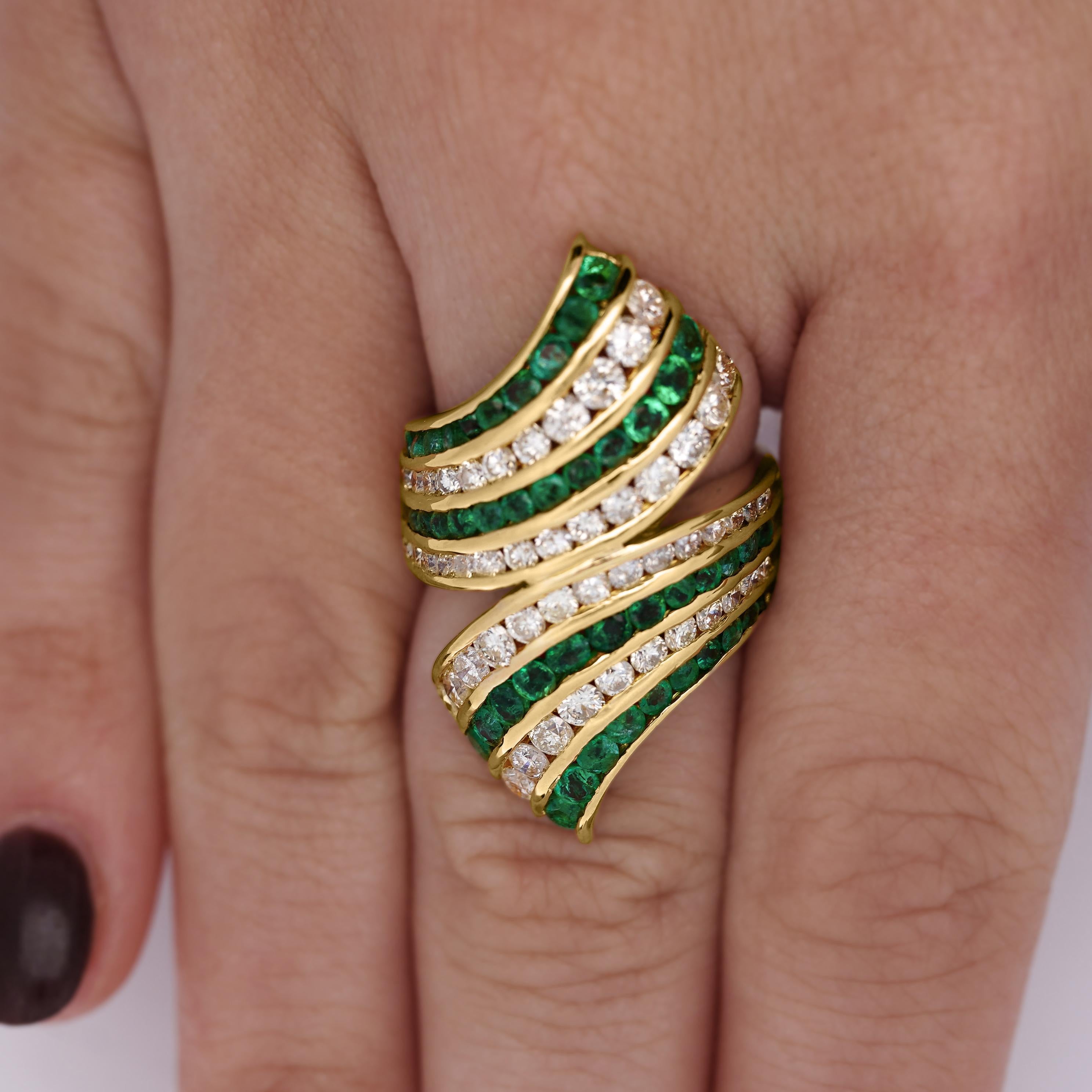 4.42 Carat Emerald & Diamond Pave 18K Gold Bypass Cluster Ring For Sale 1