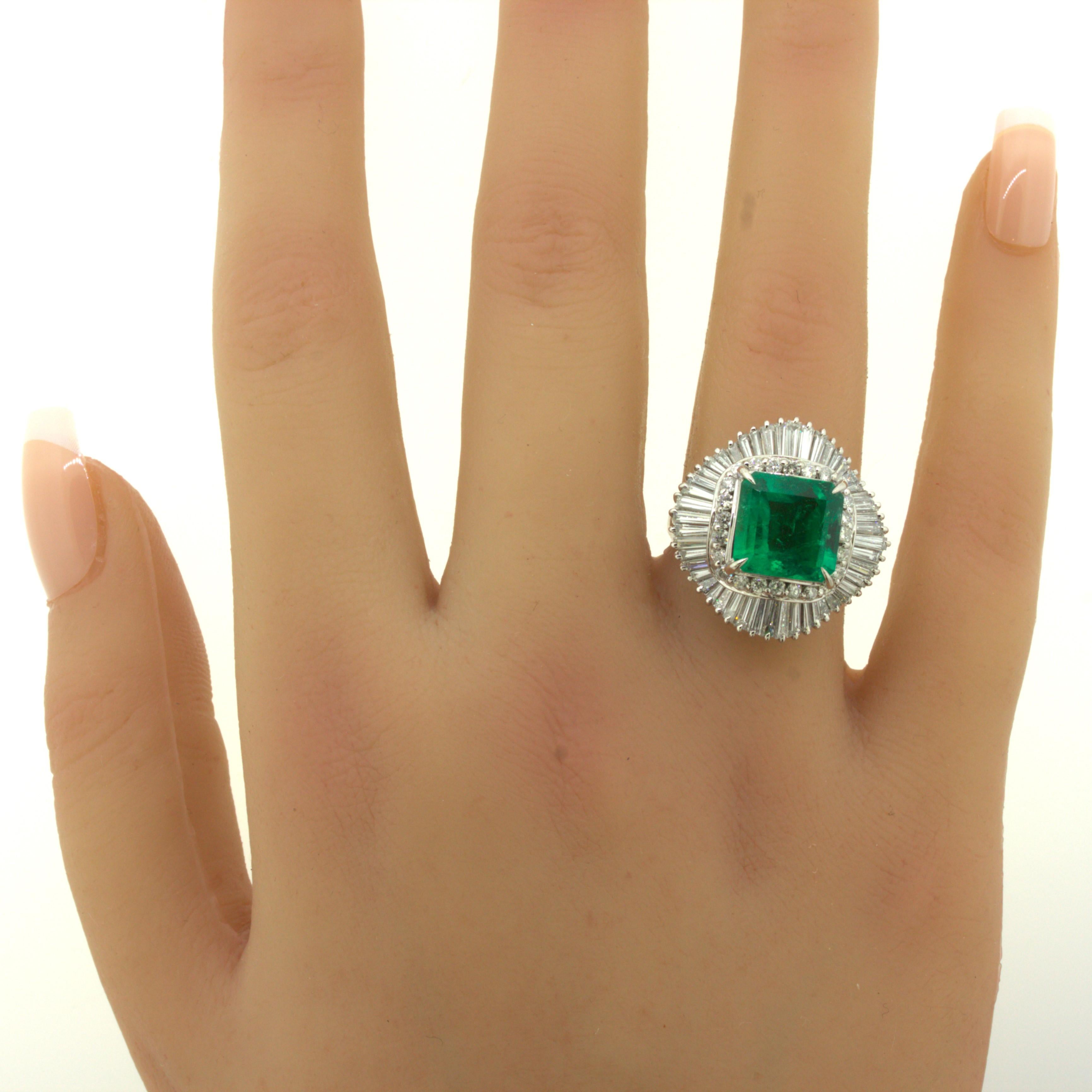 4.42 Carat Emerald Diamond Platinum Ballerina Ring For Sale 7