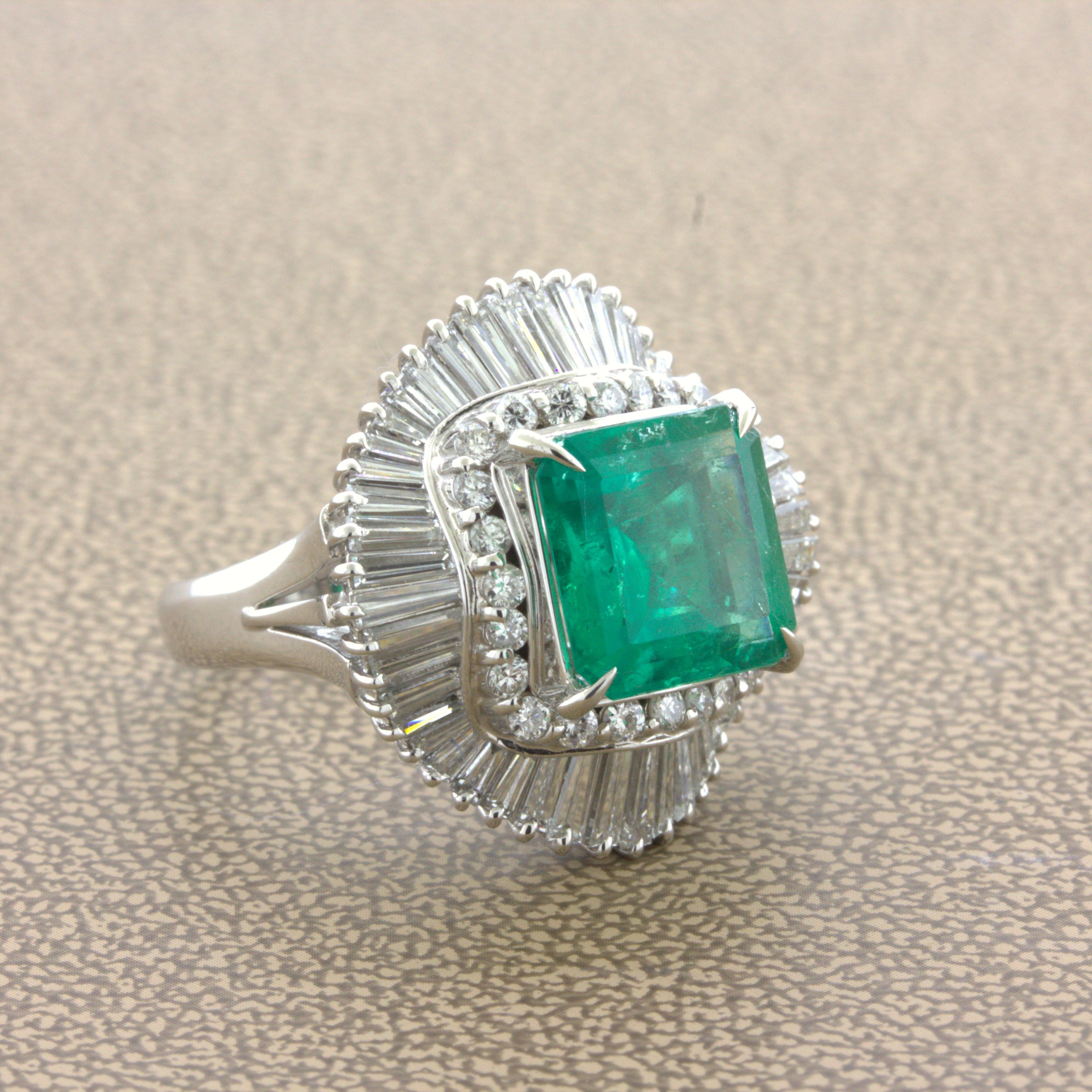 Emerald Cut 4.42 Carat Emerald Diamond Platinum Ballerina Ring For Sale