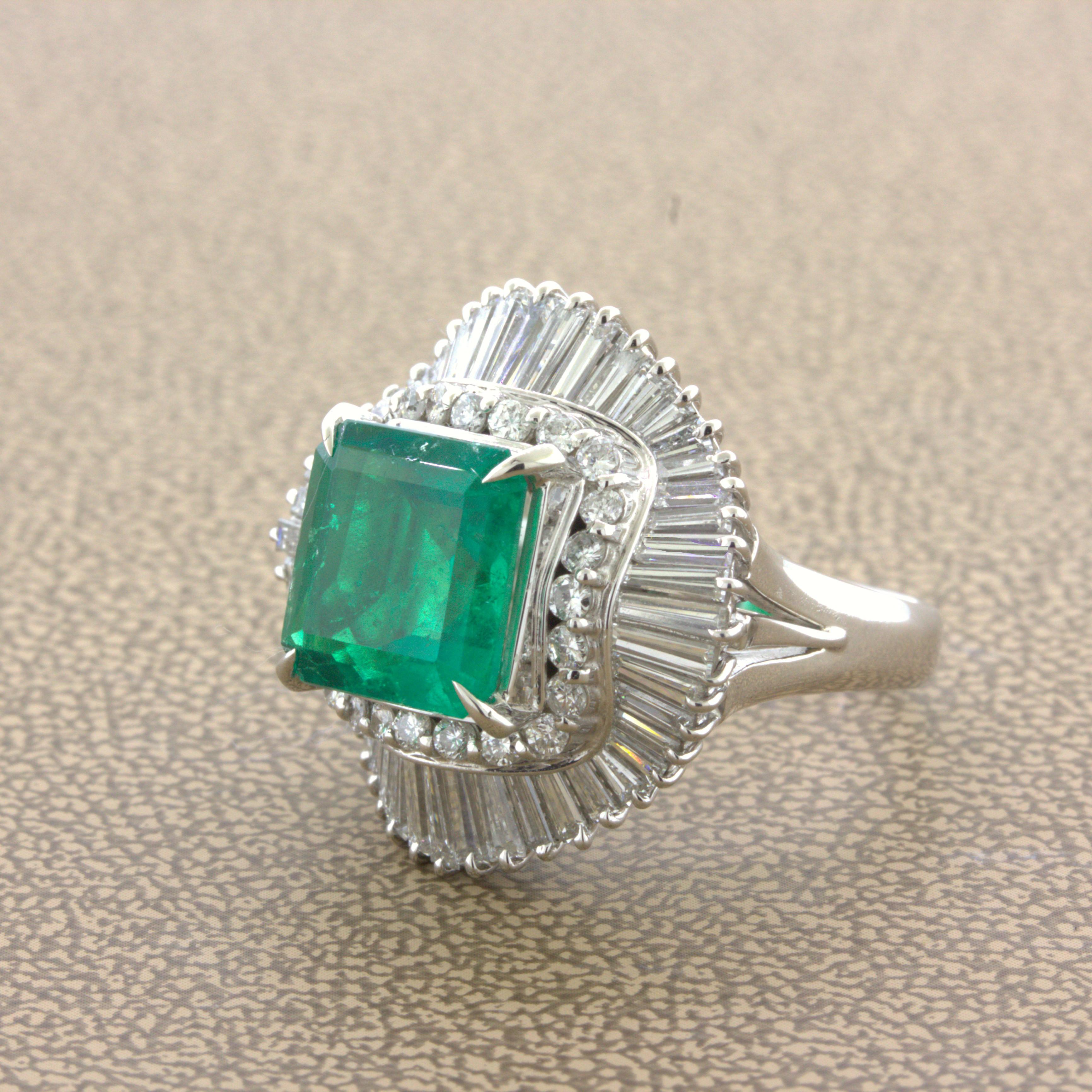 4.42 Carat Emerald Diamond Platinum Ballerina Ring In New Condition For Sale In Beverly Hills, CA