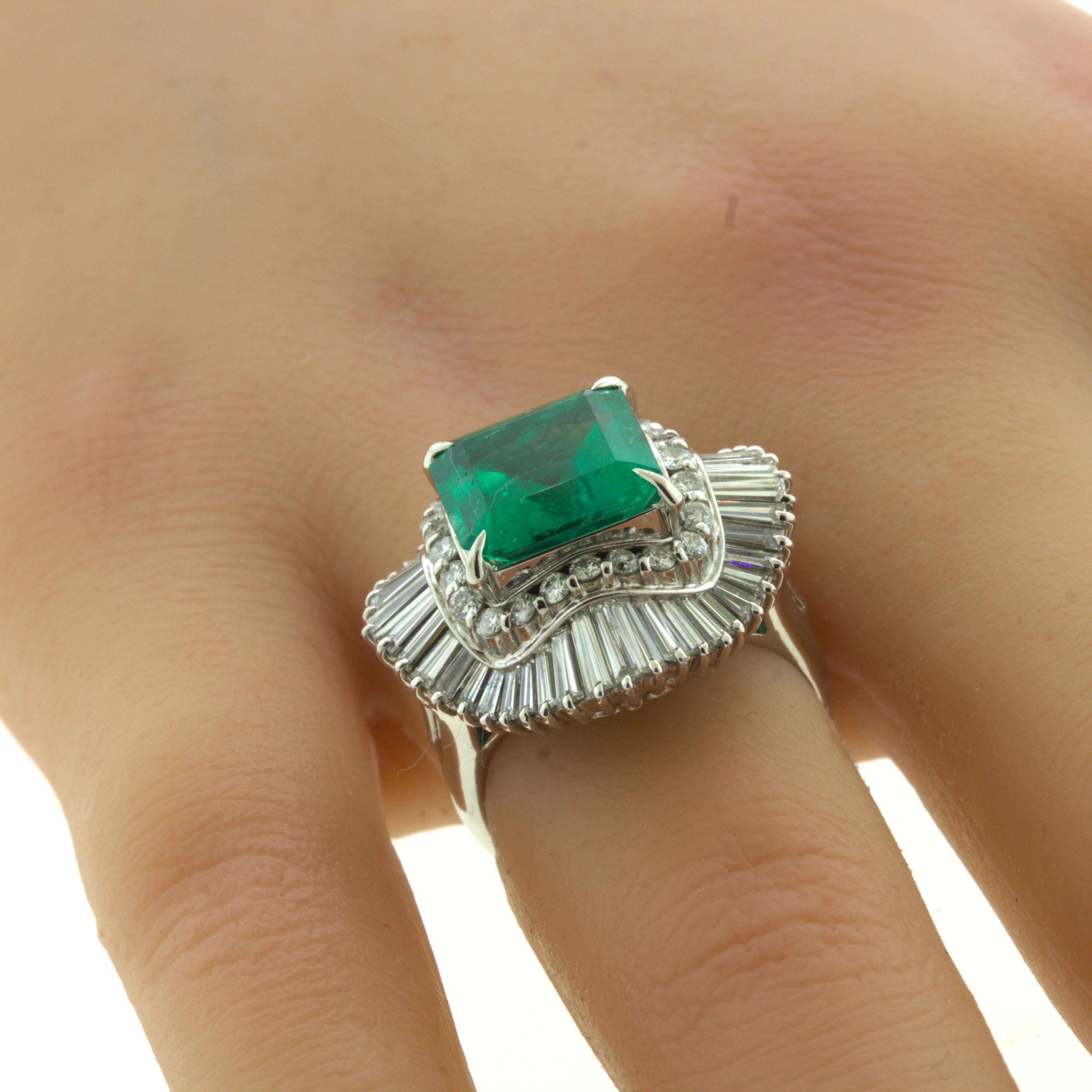 Women's 4.42 Carat Emerald Diamond Platinum Ballerina Ring For Sale