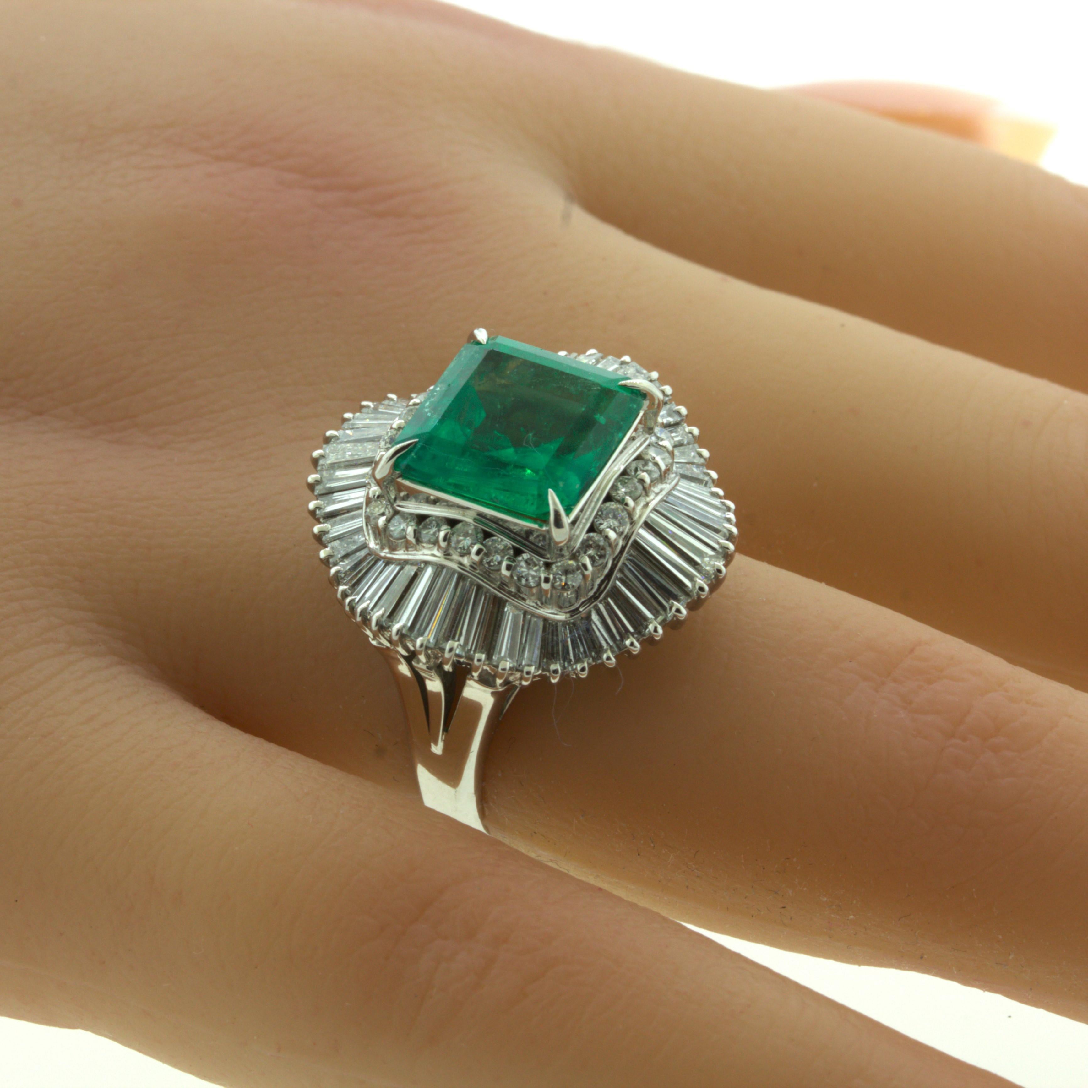 4.42 Carat Emerald Diamond Platinum Ballerina Ring For Sale 1