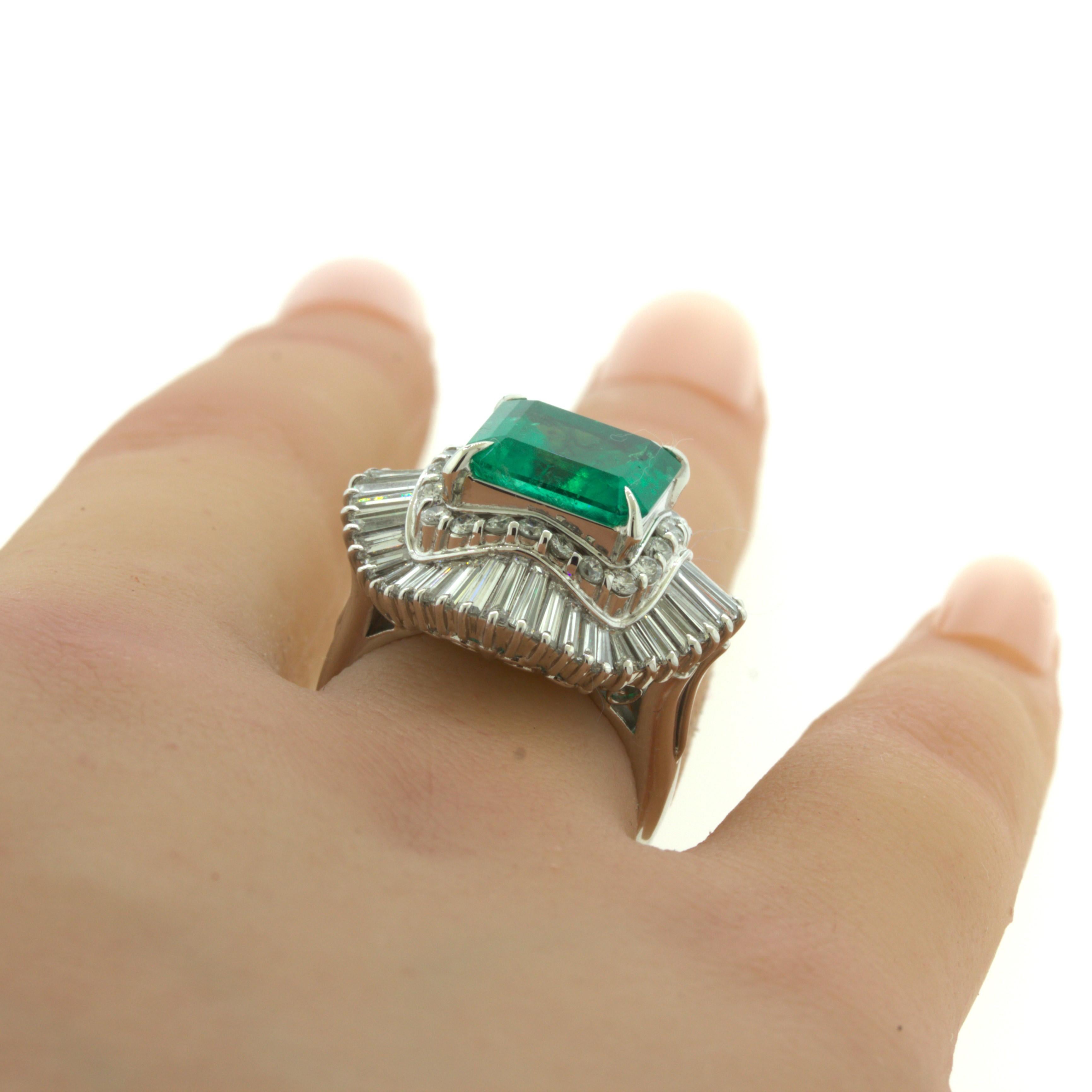 4.42 Carat Emerald Diamond Platinum Ballerina Ring For Sale 2