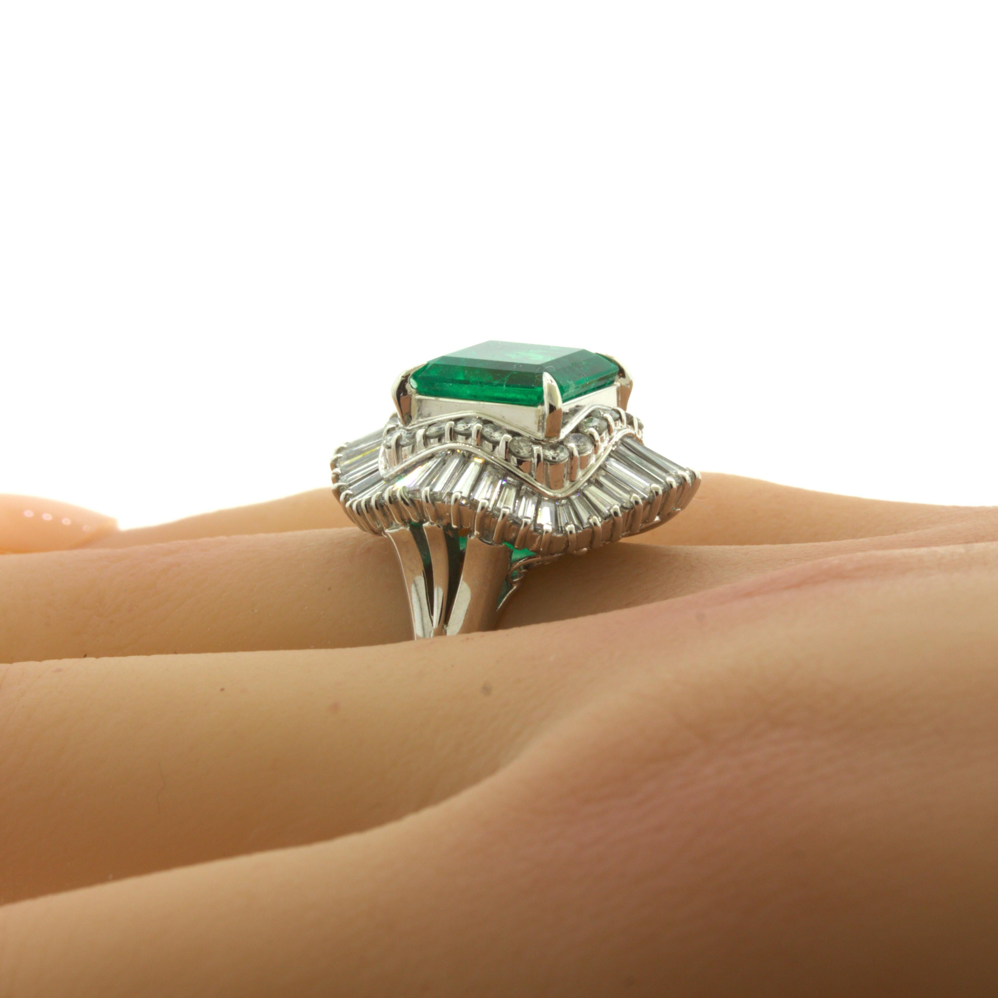 4.42 Carat Emerald Diamond Platinum Ballerina Ring For Sale 3