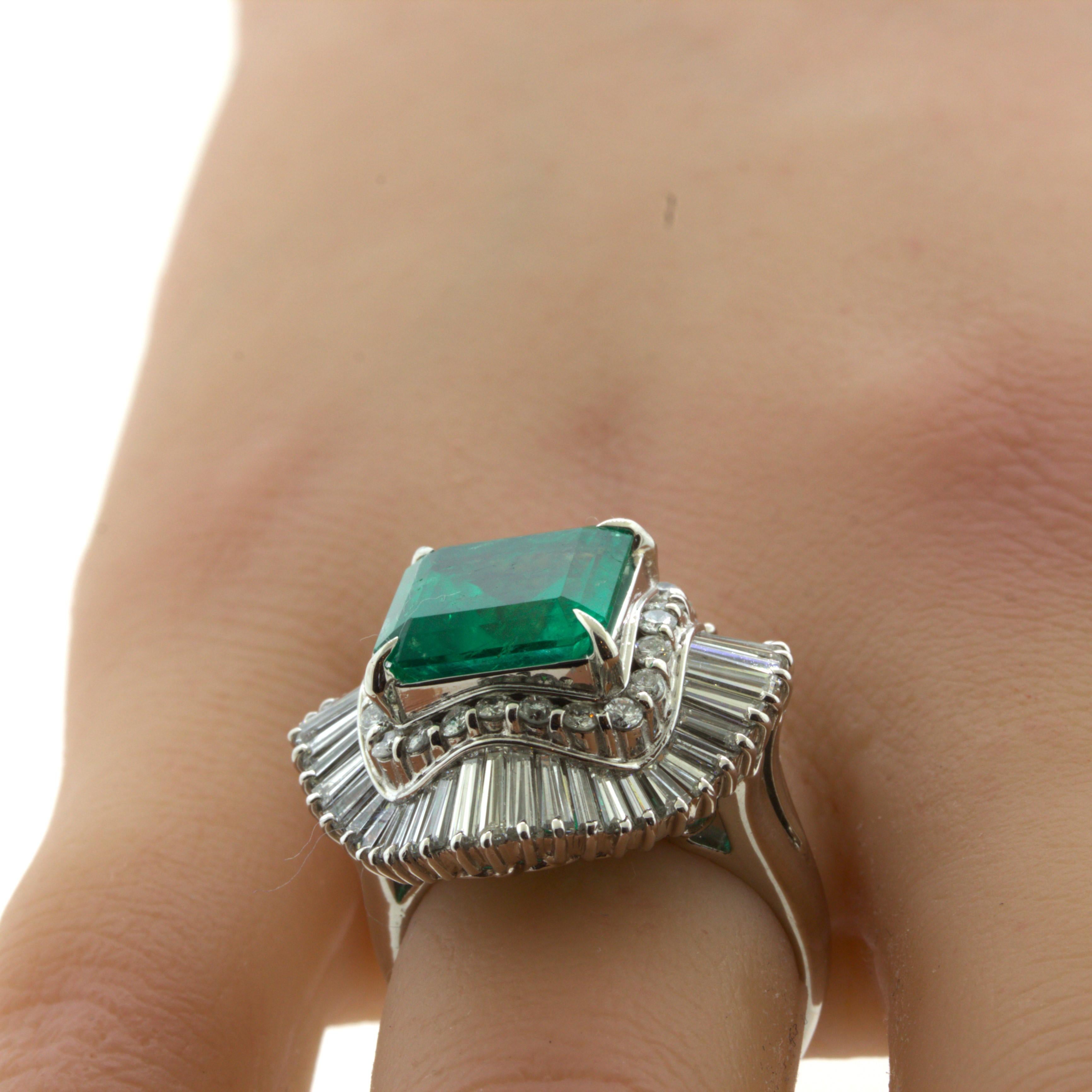 4.42 Carat Emerald Diamond Platinum Ballerina Ring For Sale 4