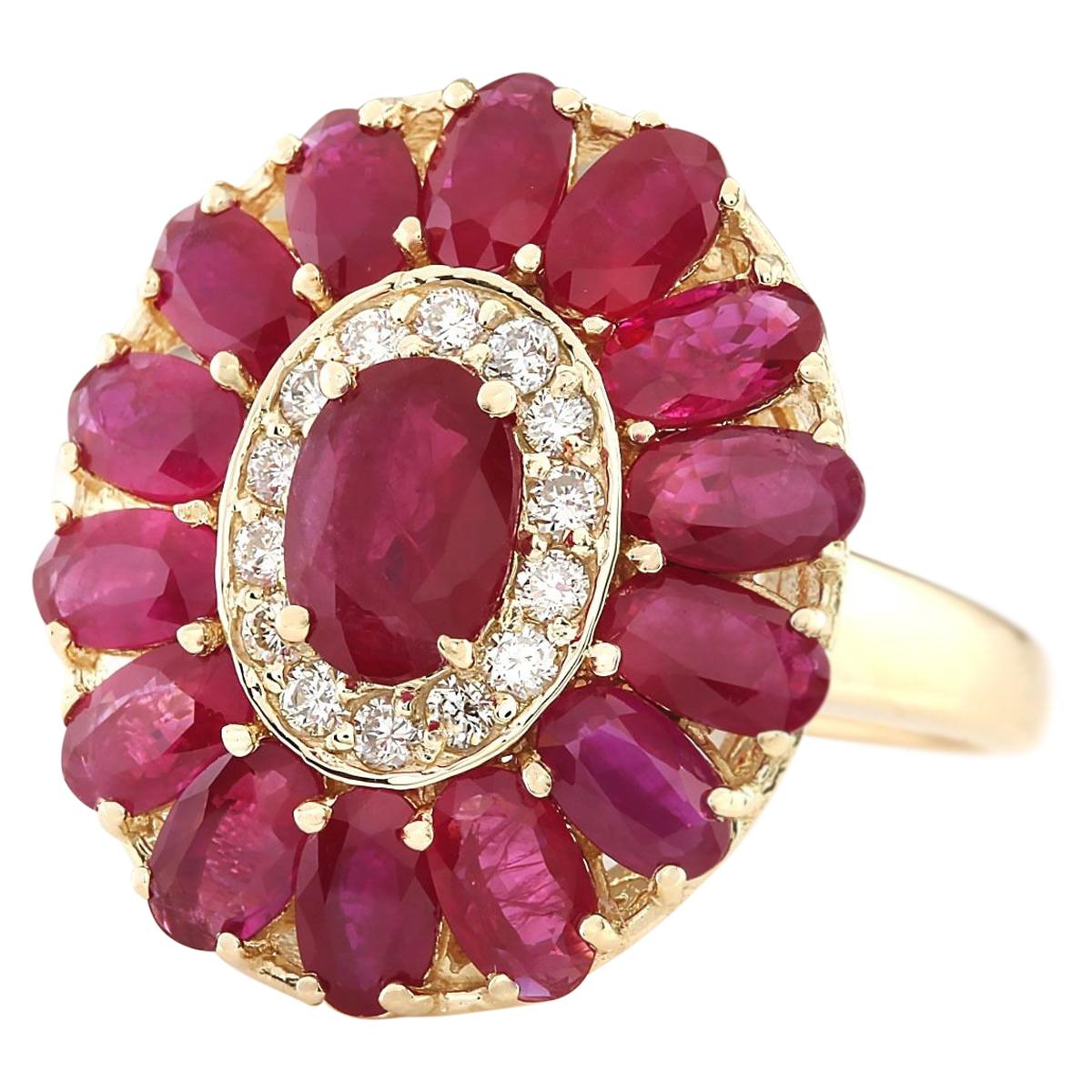 Stamped: 14K Yellow Gold
Total Ring Weight: 6.3 Grams
Total Natural Ruby Weight is 4.07 Carat
Color: Red
Total Natural Diamond Weight is 0.35 Carat
Color: F-G, Clarity: VS2-SI1
Face Measures: 20.30x17.80 mm
Sku: [703880W]