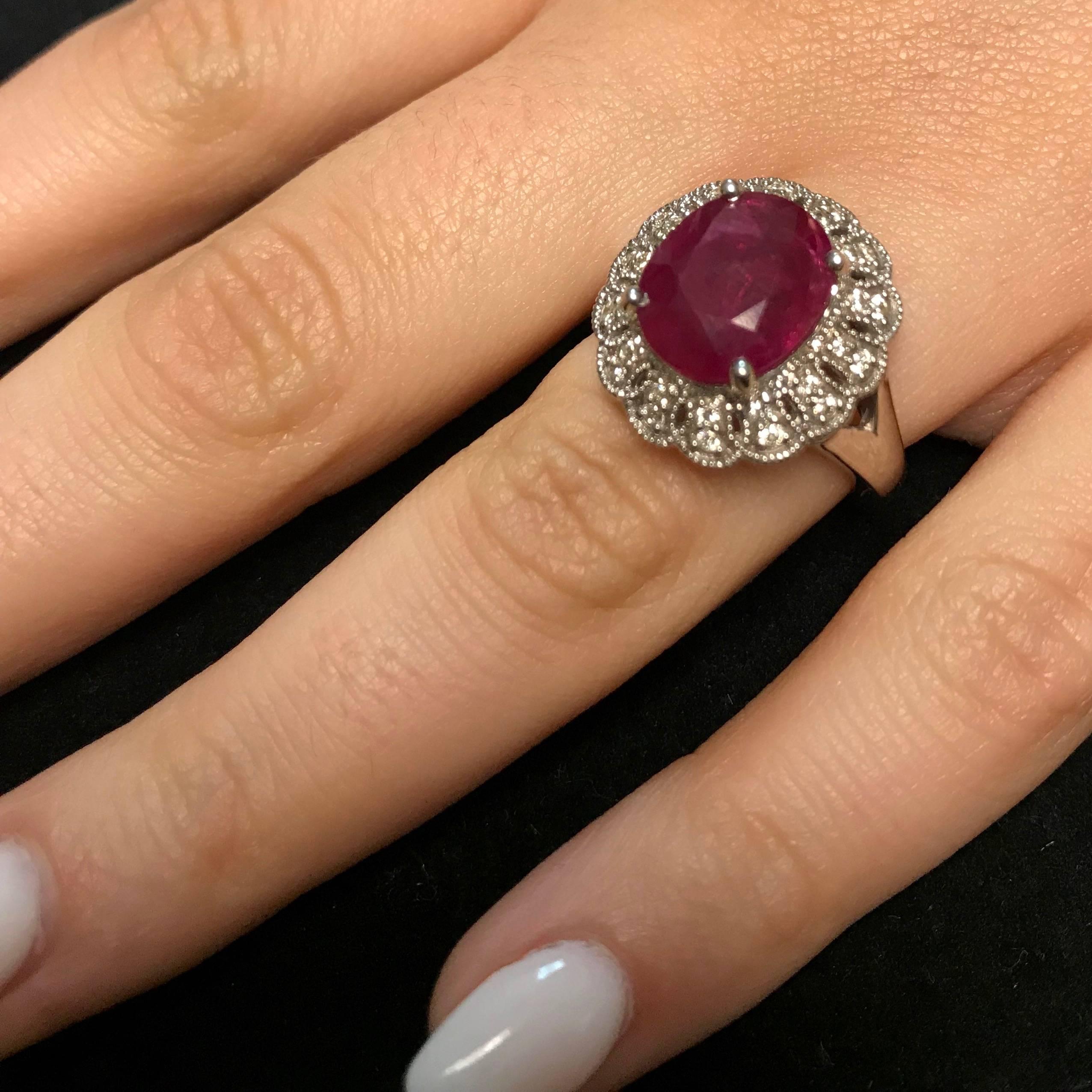 4.42 Carat Oval Ruby and 0.34 Carat White Diamond Ring In New Condition In GREAT NECK, NY
