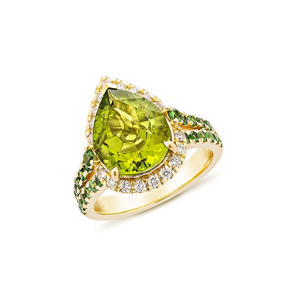 Contemporary 4.42 Carat Peridot Fancy Ring in 18KYG with Tsavorite and White Diamond.   For Sale