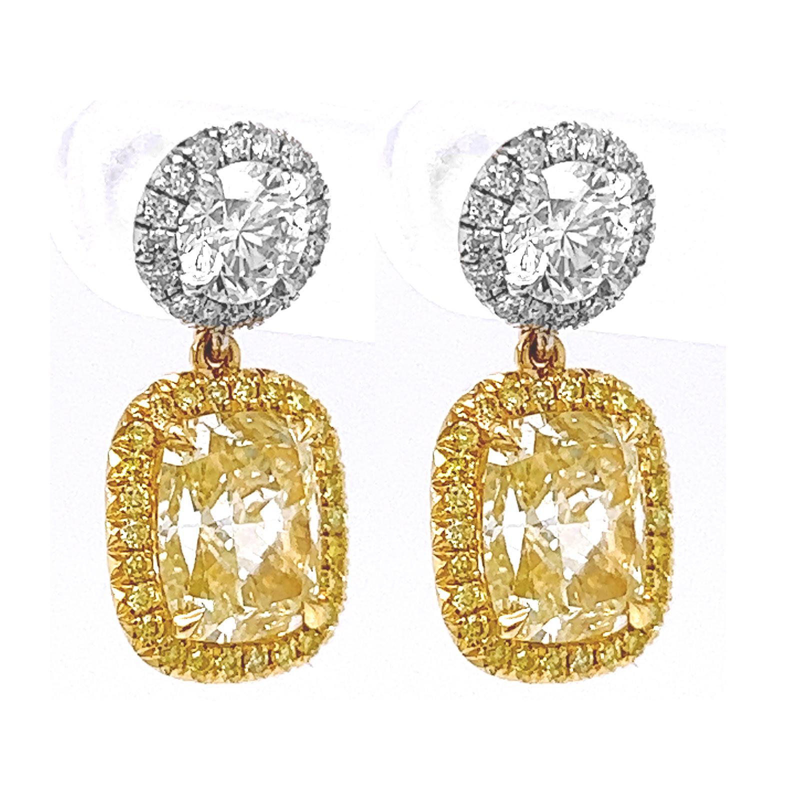 Cushion Cut 4.42 Carat T.W. Natural Mined Fancy Yellow Diamond Halo Cocktail Earrings 18KT  For Sale