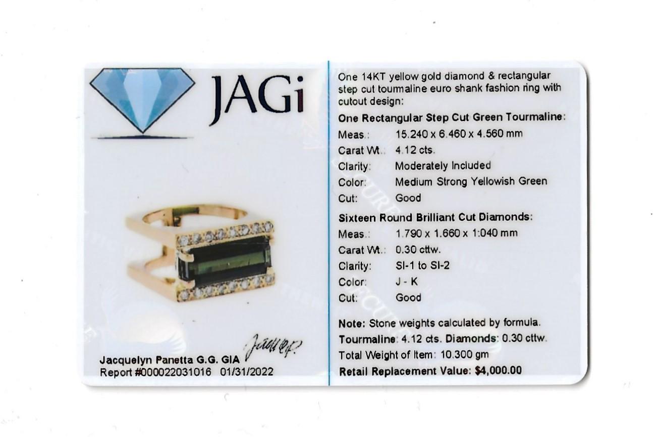 4.42 Carats Total Rectangular Step Cut Tourmaline and Diamond Euro Shank Ring For Sale 8