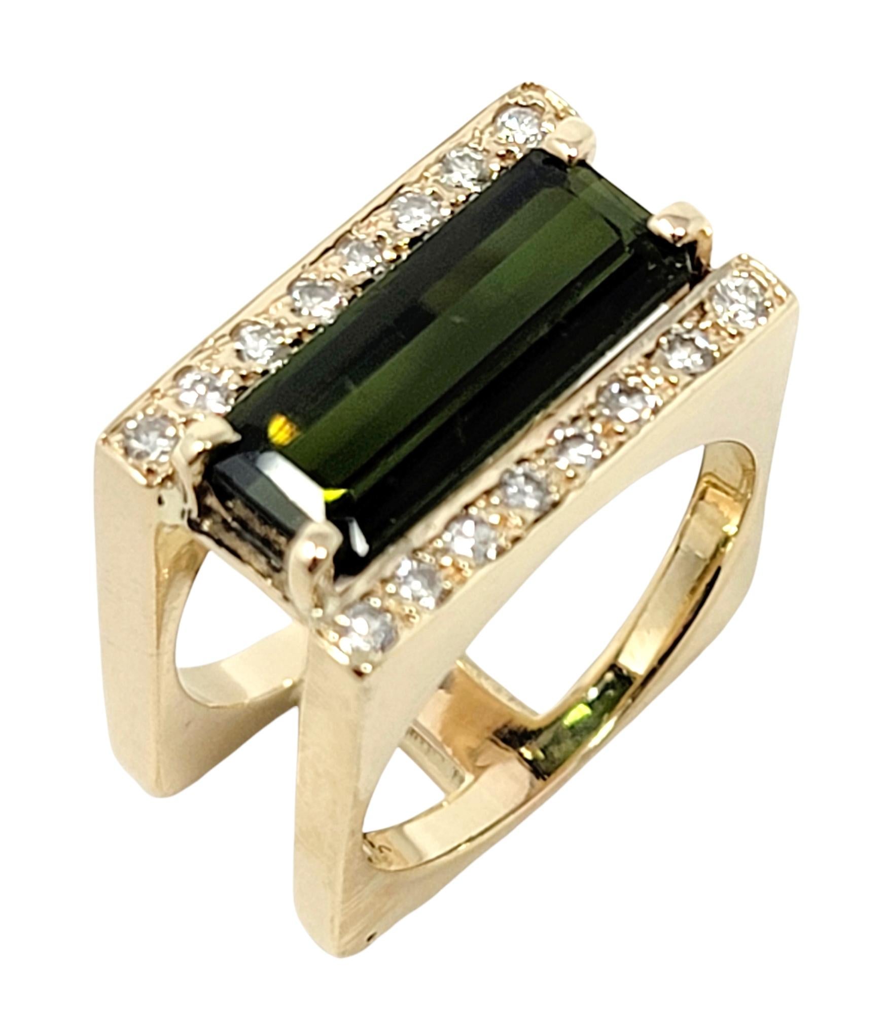Emerald Cut 4.42 Carats Total Rectangular Step Cut Tourmaline and Diamond Euro Shank Ring For Sale