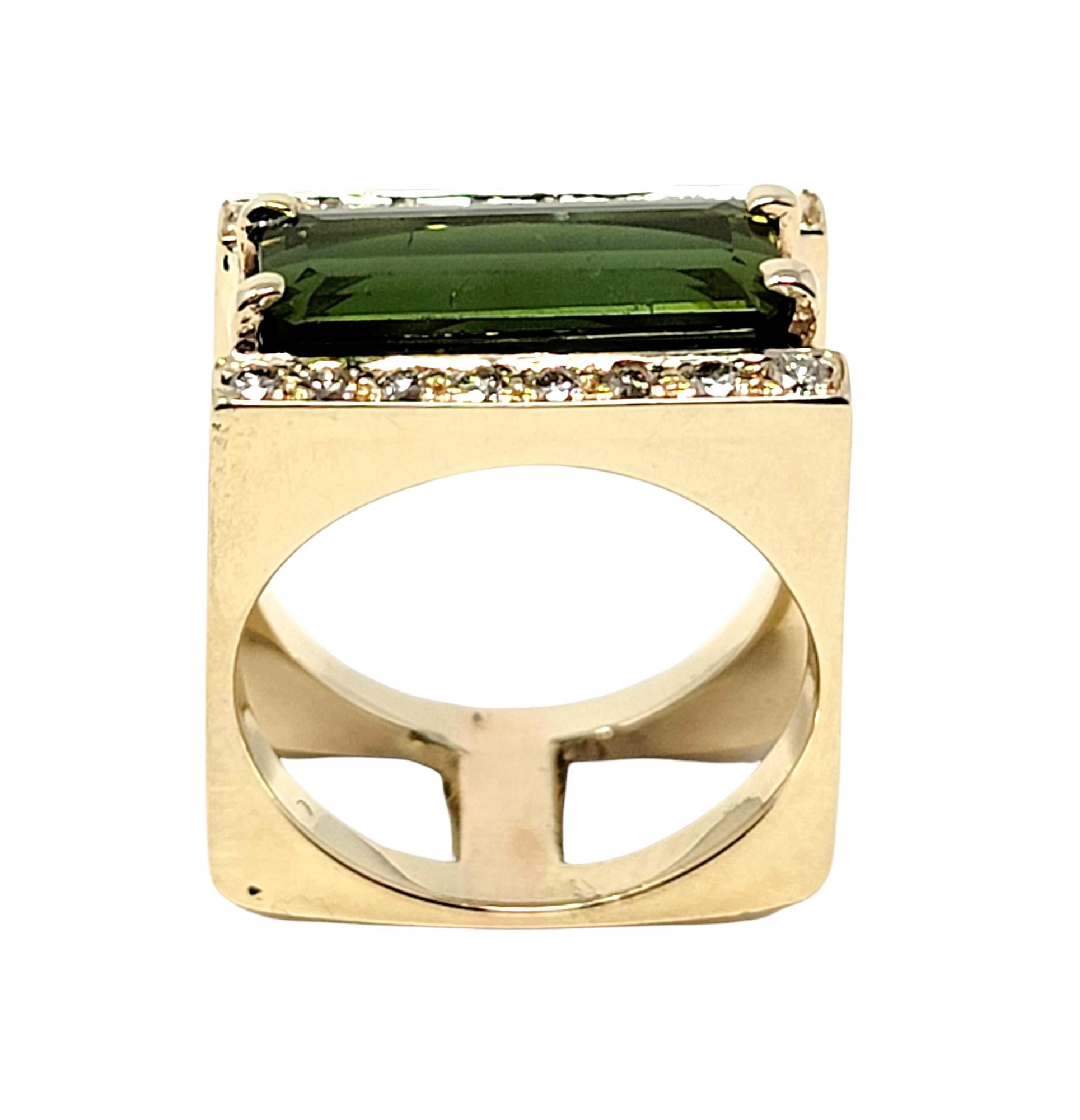 4.42 Carats Total Rectangular Step Cut Tourmaline and Diamond Euro Shank Ring In Good Condition For Sale In Scottsdale, AZ