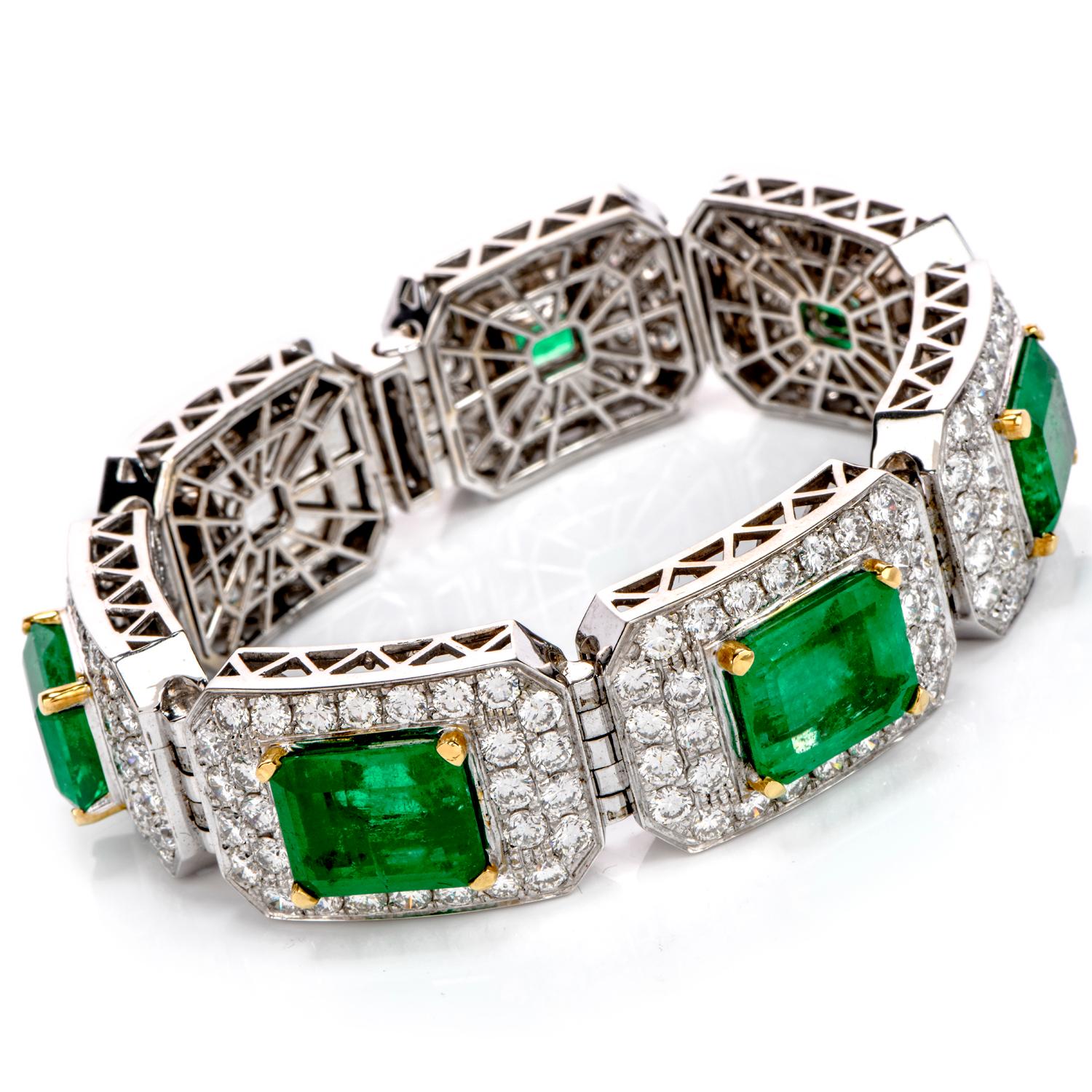Your wrist will be decorated decadently with this large outstanding 44.20-Carat Colombian Emeralds & Diamond 18k White Gold Bracelet. 

This bracelet has 7 Emerald Cut, Bright Green & Transparent Colombian Emeralds set in 18K Yellow Gold Prongs.