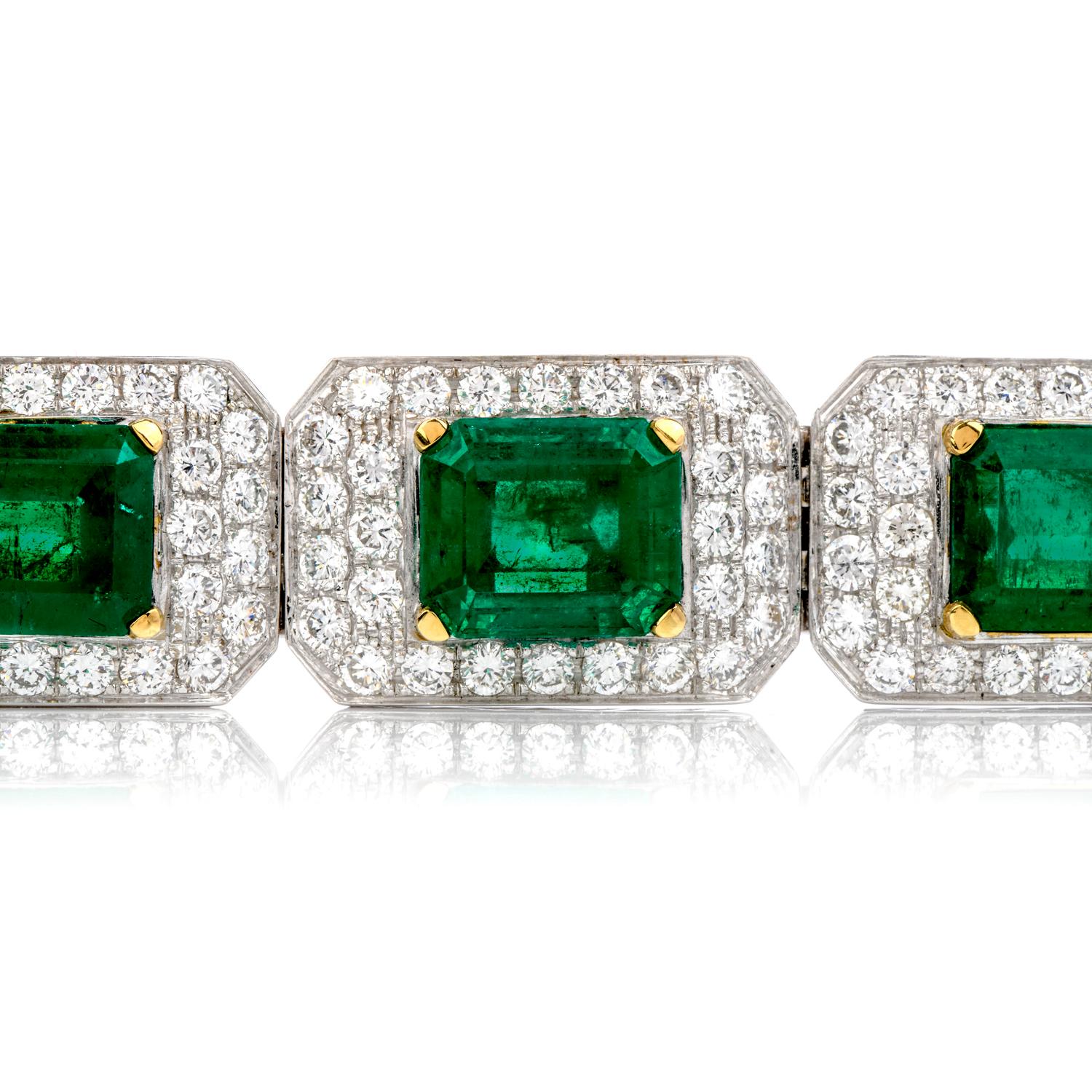 Modern 44.20 Carat Colombian Emerald and Diamond 18 Karat Gold Bracelet