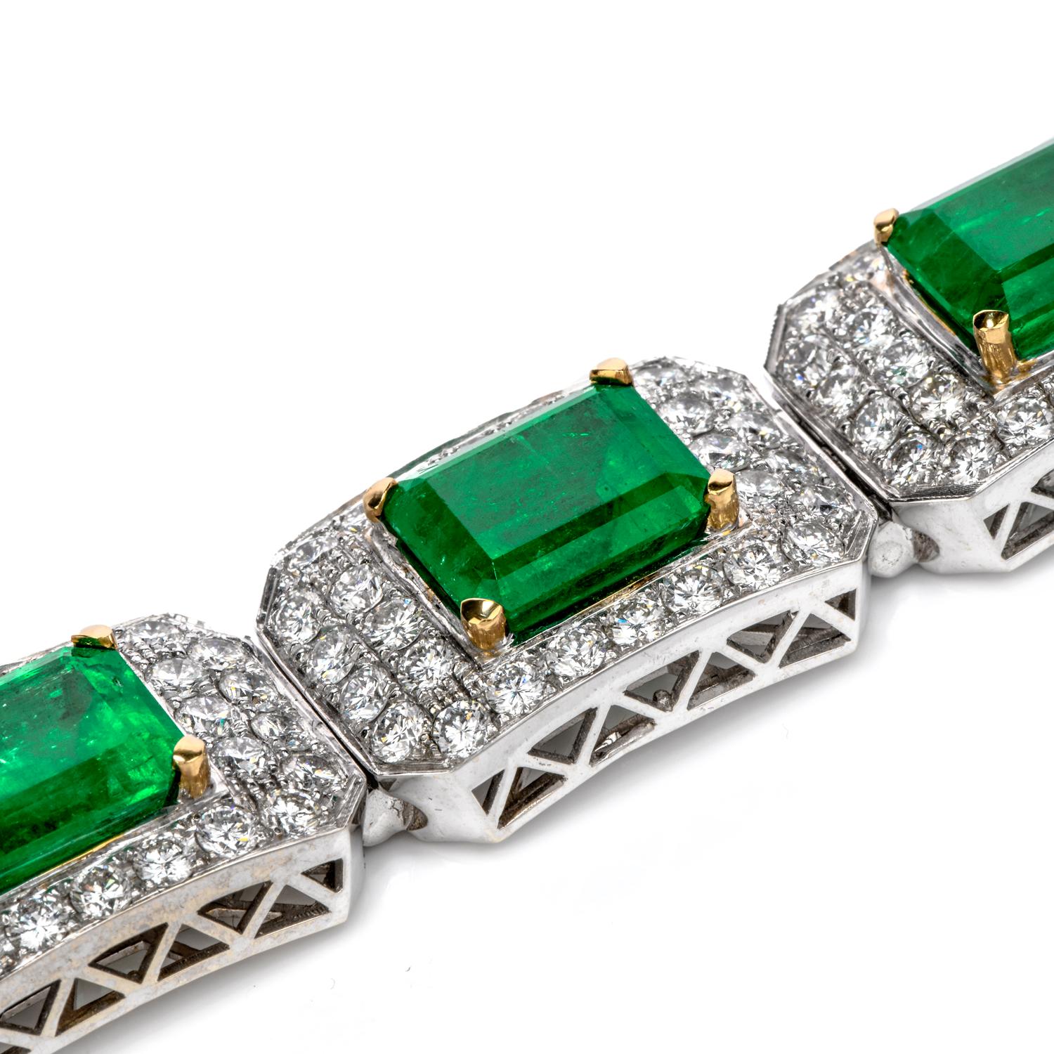 Emerald Cut 44.20 Carat Colombian Emerald and Diamond 18 Karat Gold Bracelet