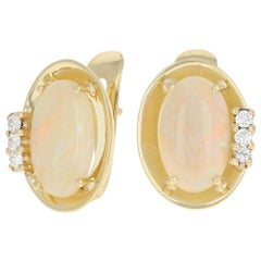 4.42ctw Oval Cabochon Opal and Diamond Earrings, 18k Yellow Gold Pierced J-Hoops