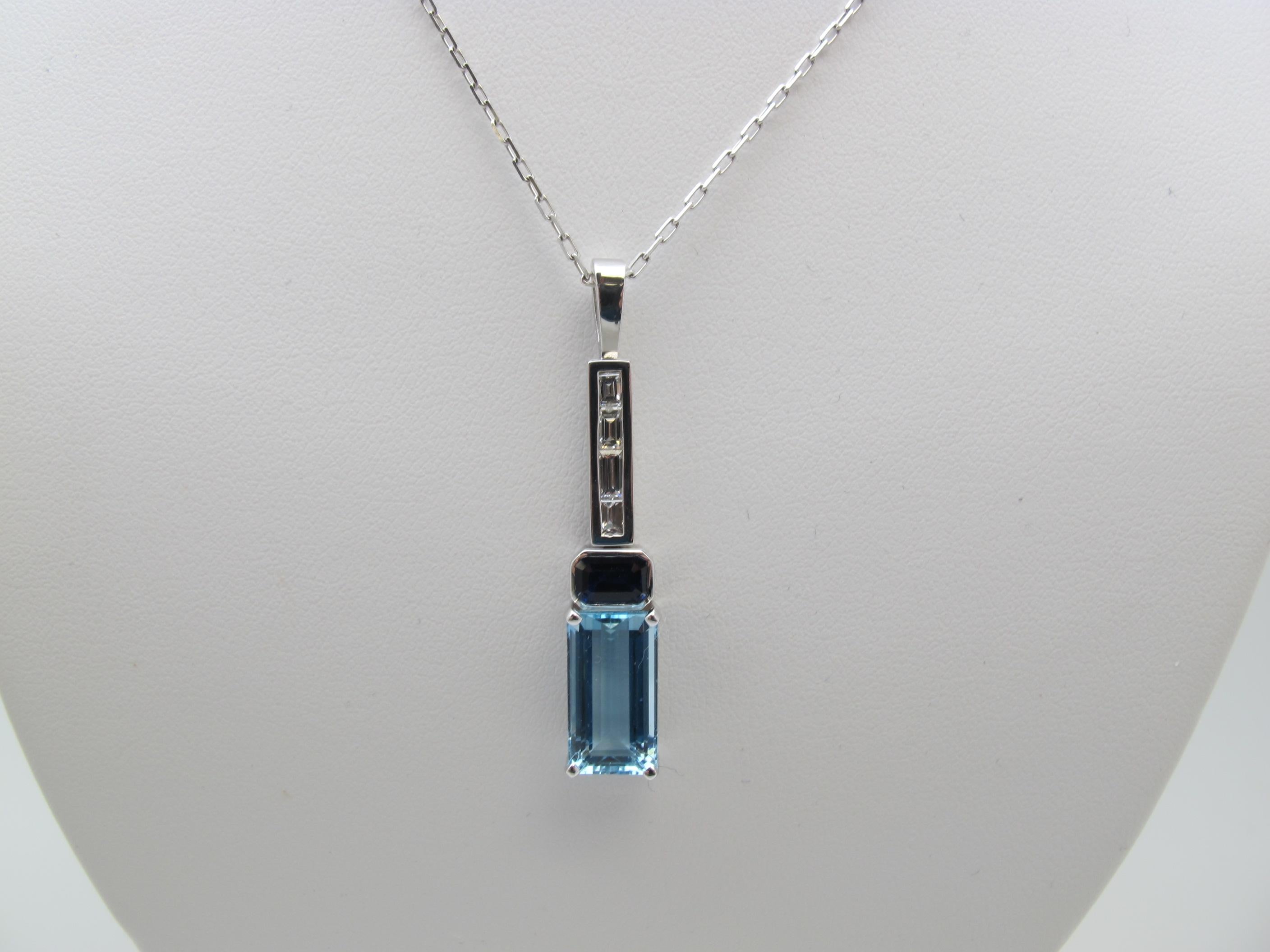 Artisan 4.43 Carat Aquamarine with 1.01 Carat Sapphire and 0.26 Carat Diamond Necklace