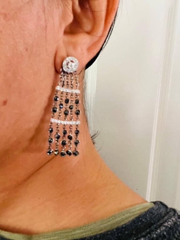 Round Cut 4.43 Carat Black Diamond White Diamond White Gold Dangle Earrings For Sale