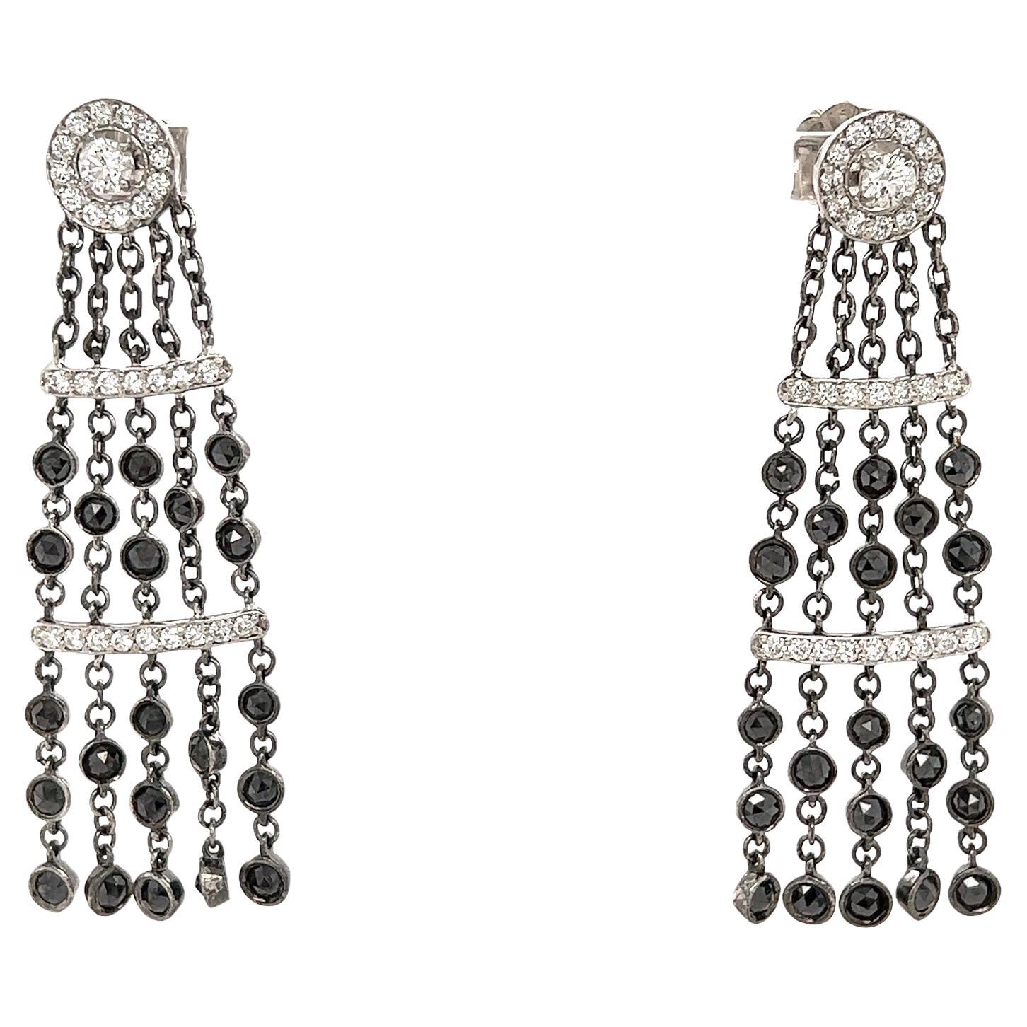 4.43 Carat Black Diamond White Diamond White Gold Dangle Earrings For Sale