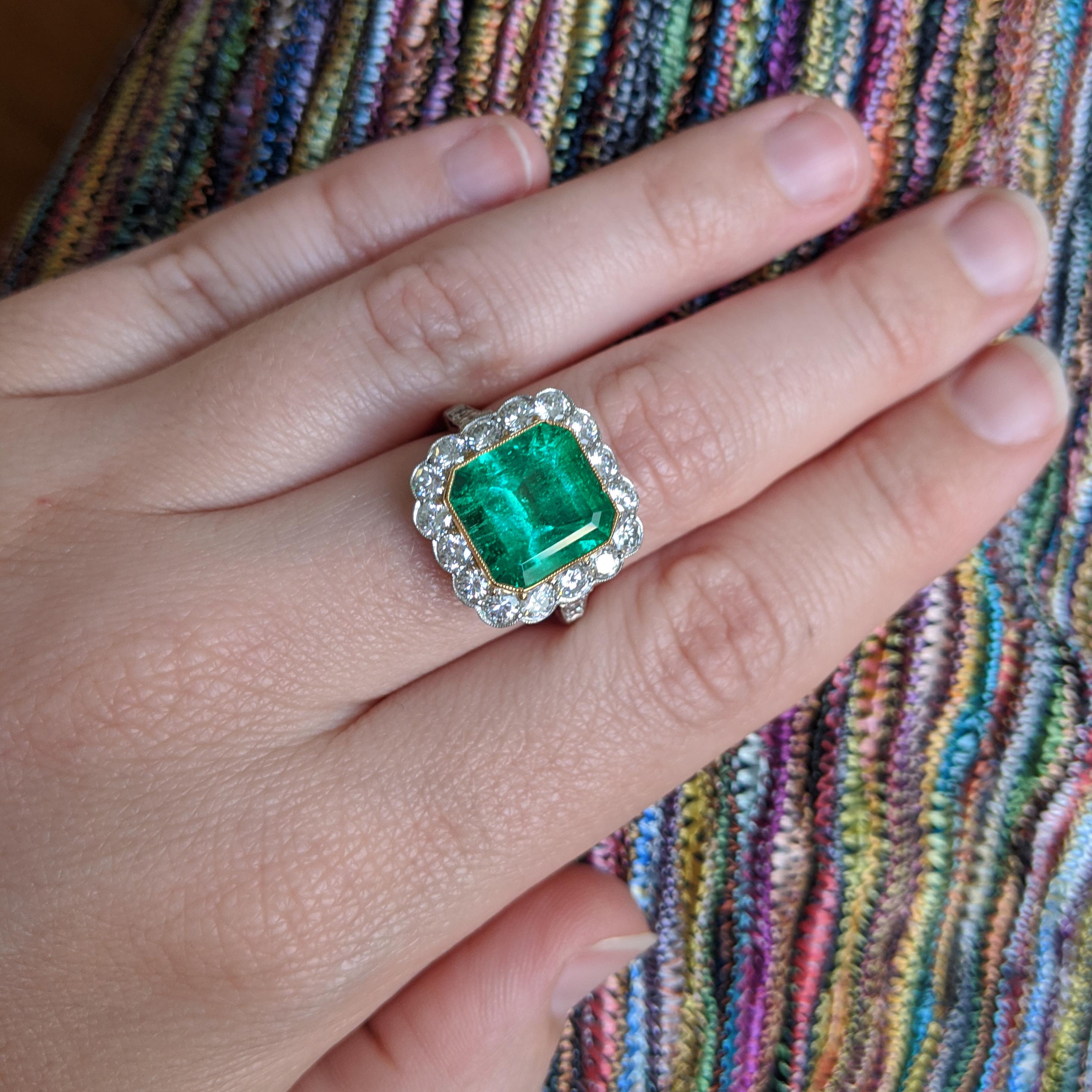 4.43 Carat Colombian Emerald Diamond Halo Platinum Ring 3