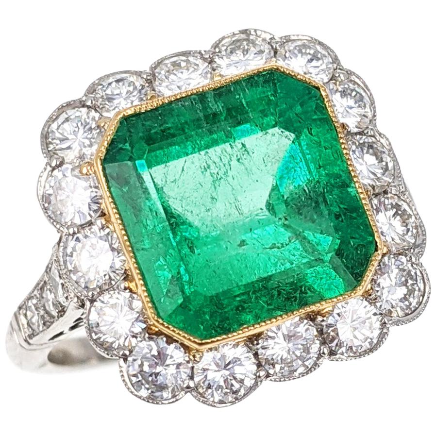 4.43 Carat Colombian Emerald Diamond Halo Platinum Ring